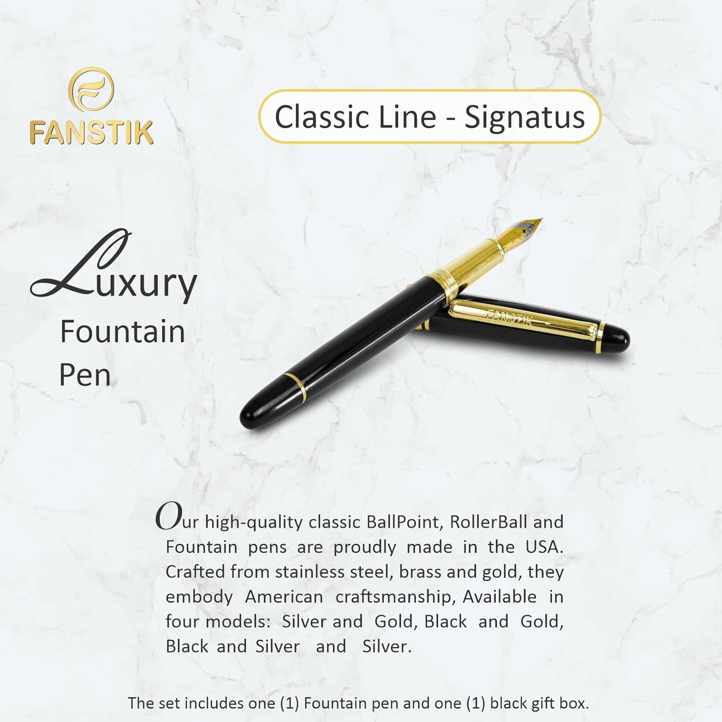 Customized Fountain pen with name (MADE IN USA), stainless steel, black and gold, luxury engraved pen personalized for men and for women. (Fountain Black-Gold)