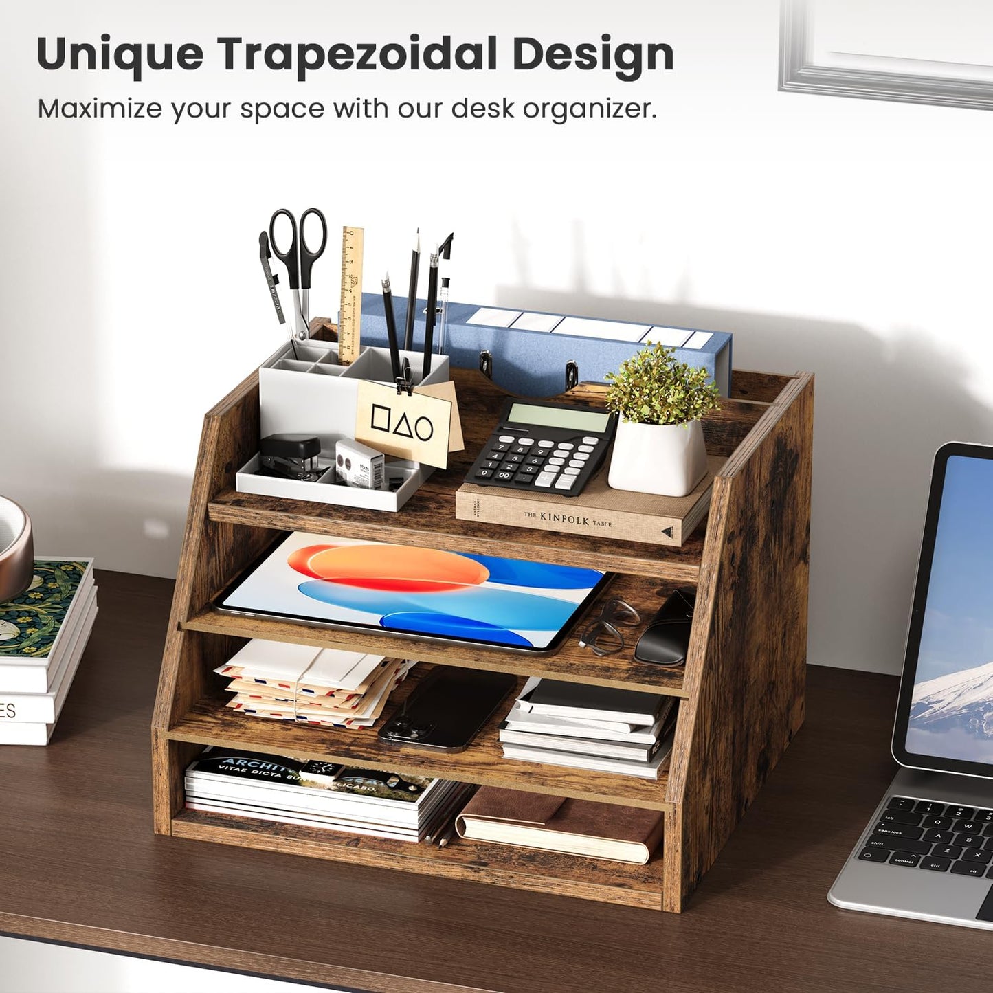 4-Tier Desk Organizer with File Holder, Wooden Desktop Organizer for Papers, Folders & Office Supplies, Space Saving Letter Tray Mail Organizer for Home Office School Accessories, Rustic Brown