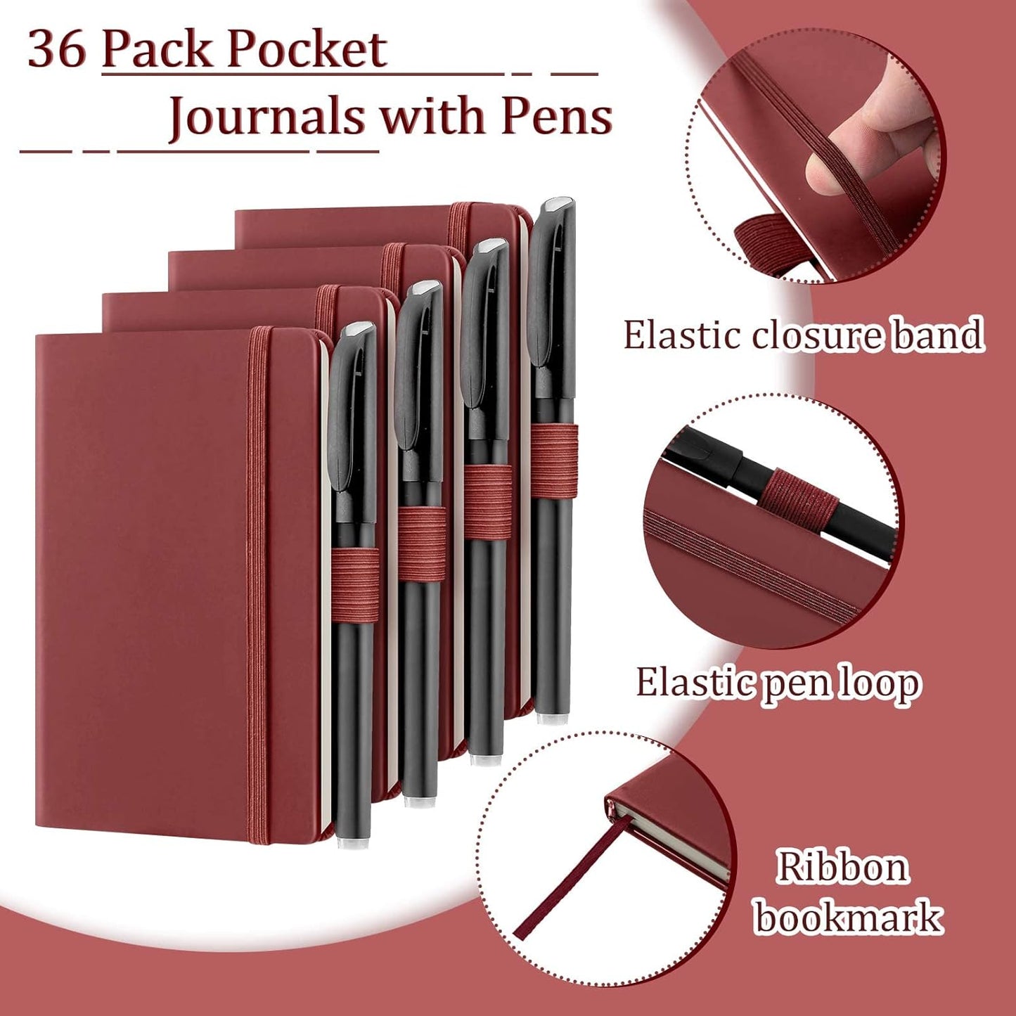 Laumoi Pocket Notebook Journals with Pens A6 Cute Small Journal Notebook Ruled Lined Mini Notepad Hardcover Executive Notebooks Set with Pen Holder for School Office, 3.7 x 5.7 Inch (Burgundy)