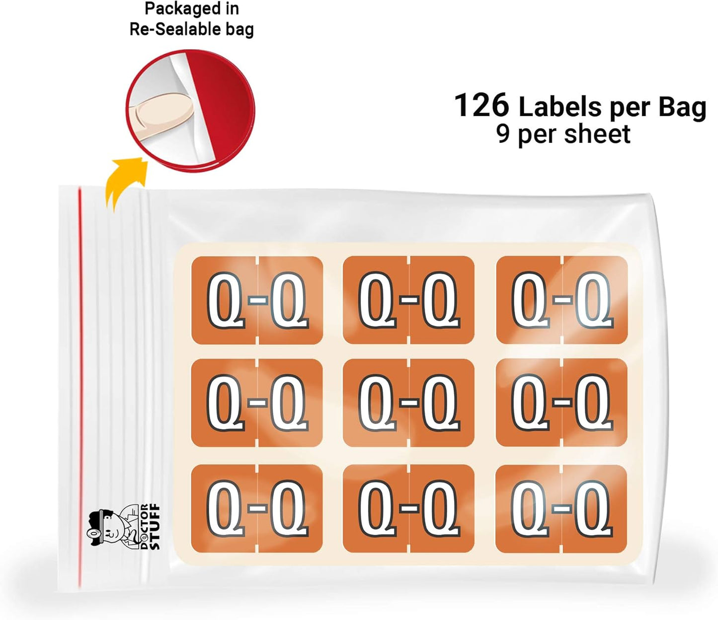 Doctor Stuff - File Folder Labels, Alphabet Letter Q, Barkley/Sycom FABKM - BRAM Series Compatible Alpha Stickers, Orange, 1" x 1-1/2", 126 Labels/Package