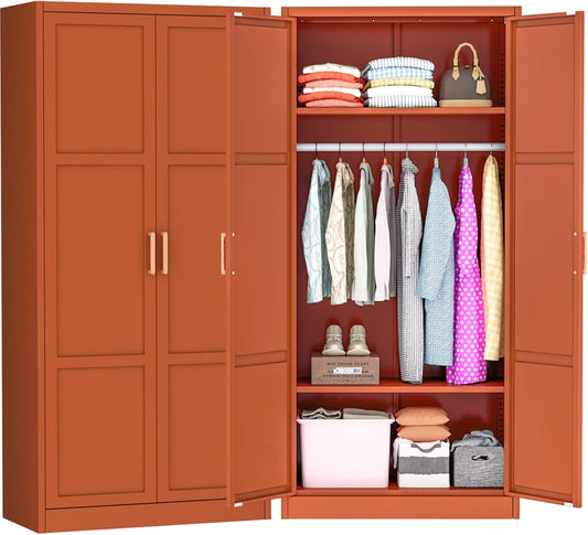 Greenvelly Metal Wardrobe Cabinet with Wooden Handle, 72" Metal Wardrobe Closet with Hanging Rods and Adjustable Shelves, Clothing Storage Closet Cabinet for Home, Office, Employee, Gym (Brown)