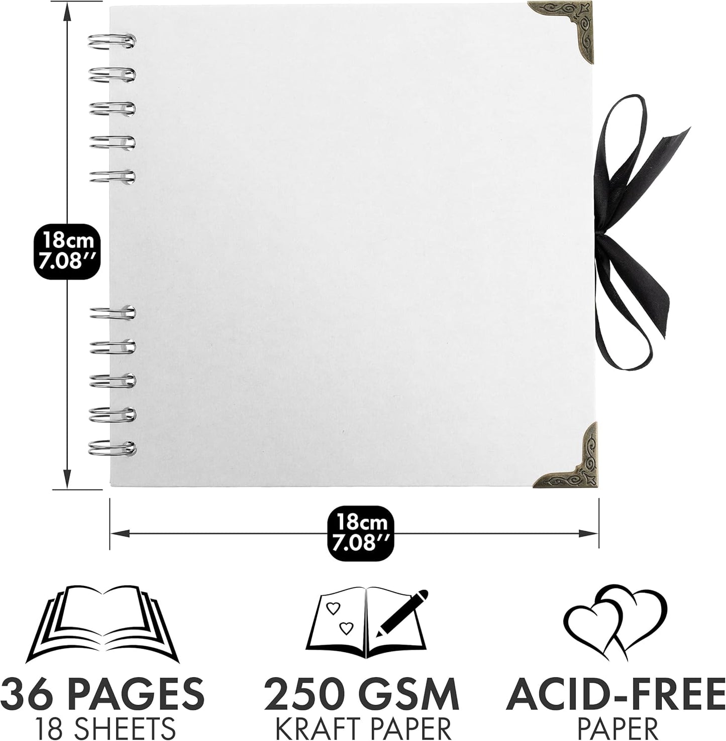 Bstorify Square Scrapbook Photo Albums 36 Pages (18 x 18 cm) White Thick Paper, Hardcover, Metal Corners, Ribbon Closure - Ideal for Your Scrapbooking Albums, Art & Craft Projects 7 x 7 Inch