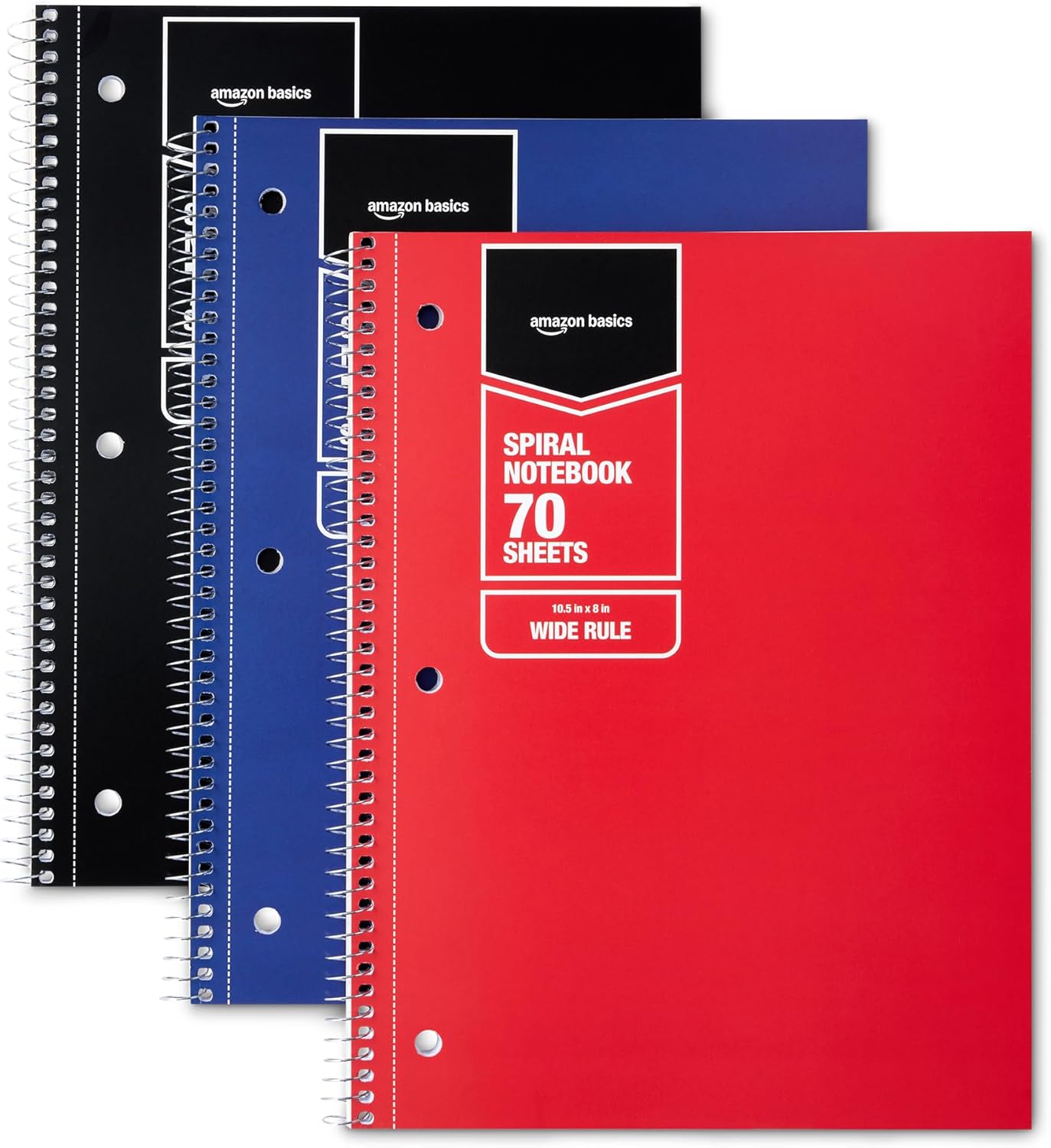 Amazon Basics Wide Ruled Spiral Notebook, 70 Sheets, 7-1/2" x 10-1/2", 3 pack, Assorted Primary Solid Colors
