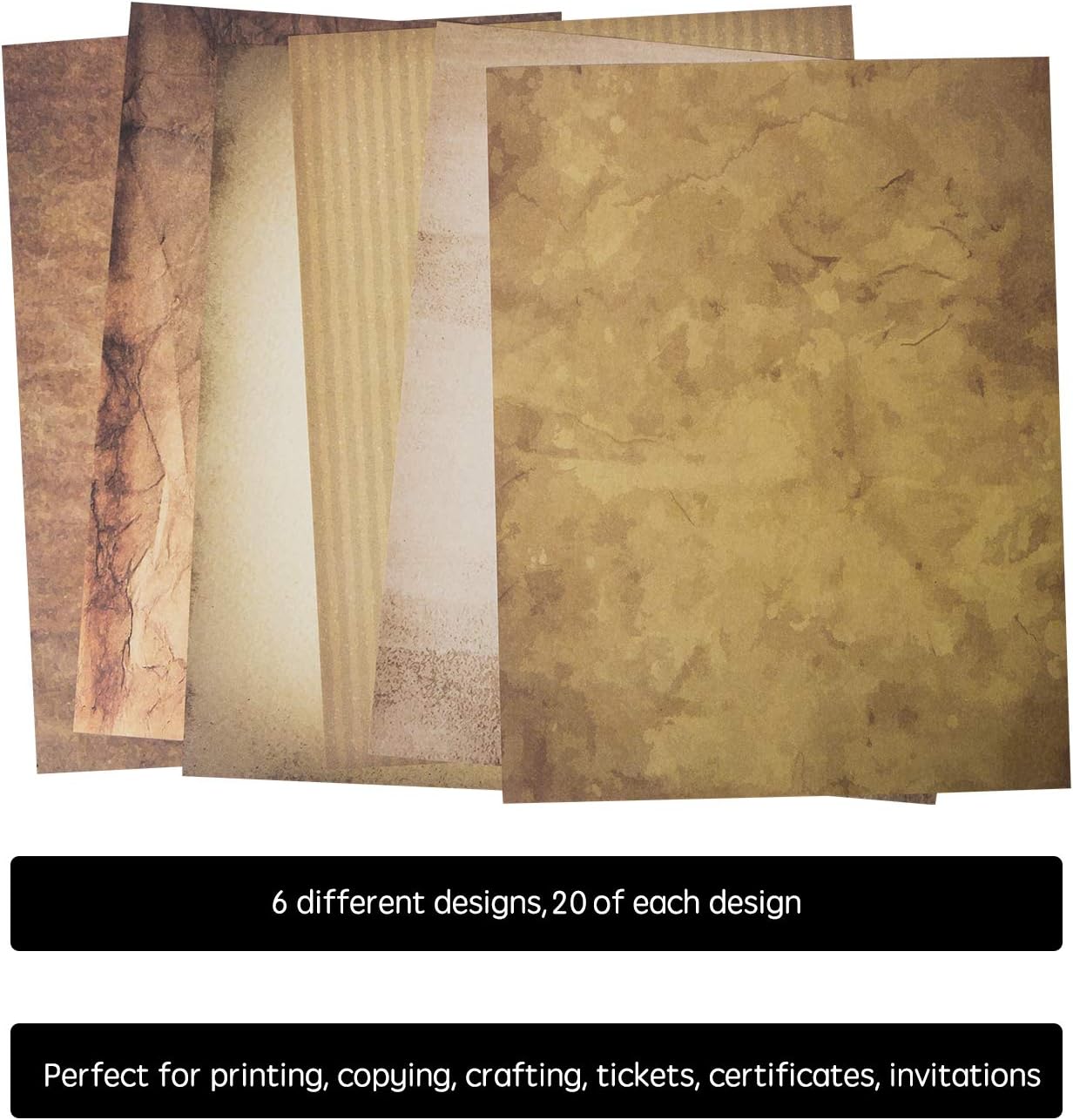 120 Aged Paper - Antique Looking Vintage Papers With Classic Aged Paper Designs - Six Unique Old Looking Designs - Printable Writing paper, 8.5 x 11 inches (Pack of 120)