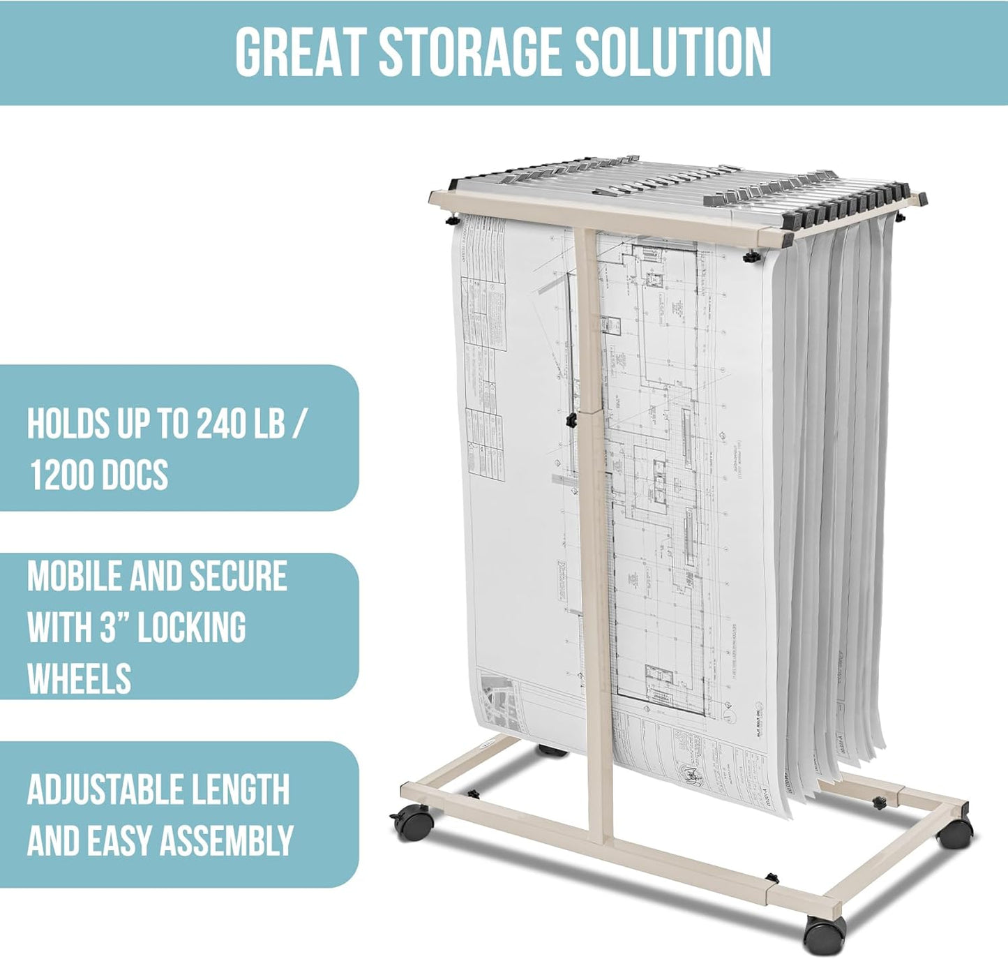 Adir Blueprint Rack and Clamps - 12 Pack of Blueprint Clamp and Mobile Blueprint Rack, Heavy-Duty Large Document Storage Solution for Blueprints, Posters, Maps, & Construction Plans