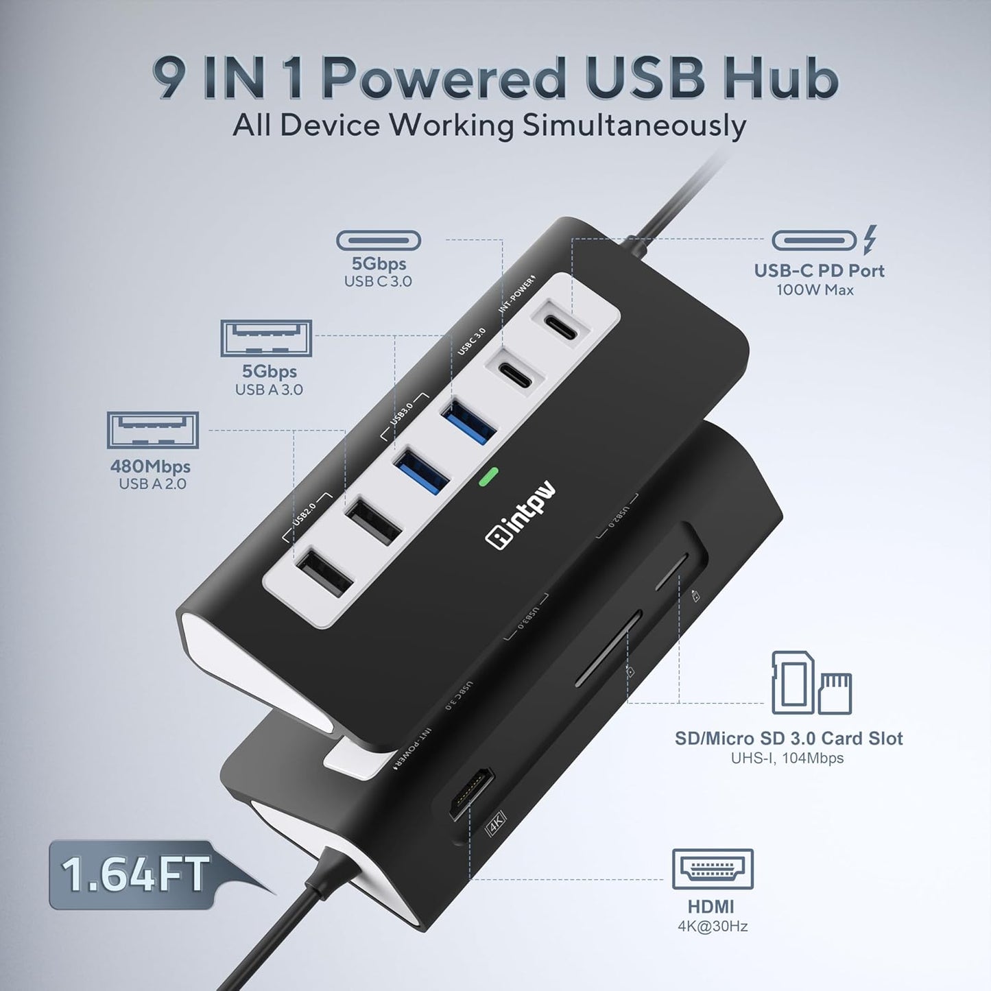 USB C Hub, INTPW 9-in-1 USB Multiport Adapter with 4K HDMI, PD 100W, USB-C and 2 USB A 3.0 5Gbps, 2 USB A 2.0, SD/TF Card Reader, Aluminum USB Hub for Laptop, iPhone 16/15 Series, MacBook, iPad