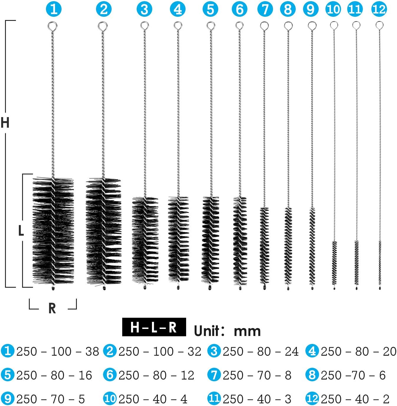 Black Nylon Cleaning Brush Set, 12-Piece, Suitable for Bottle, Teapot, Airbrushes, Espresso Machines, Protective Design, Dishwasher Safe