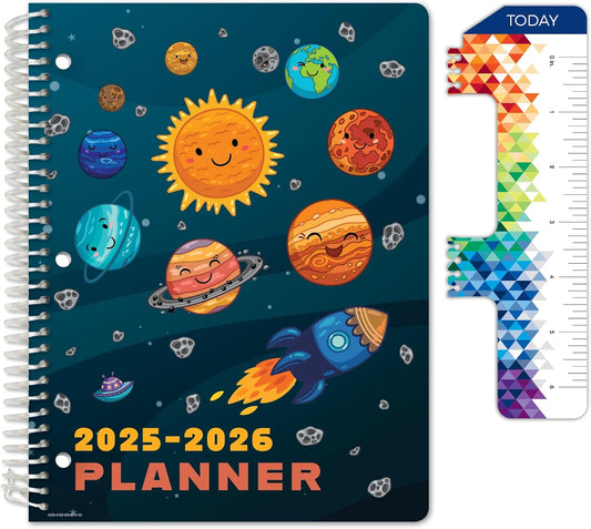 Global Datebooks 2025-2026 Elementary Student Planner 8.5x11 - Dated Weekly & Monthly Academic Planner (Large) with Ruler/Bookmark & Stickers, Ideal for Homework, Block Style, Space Happy Planets