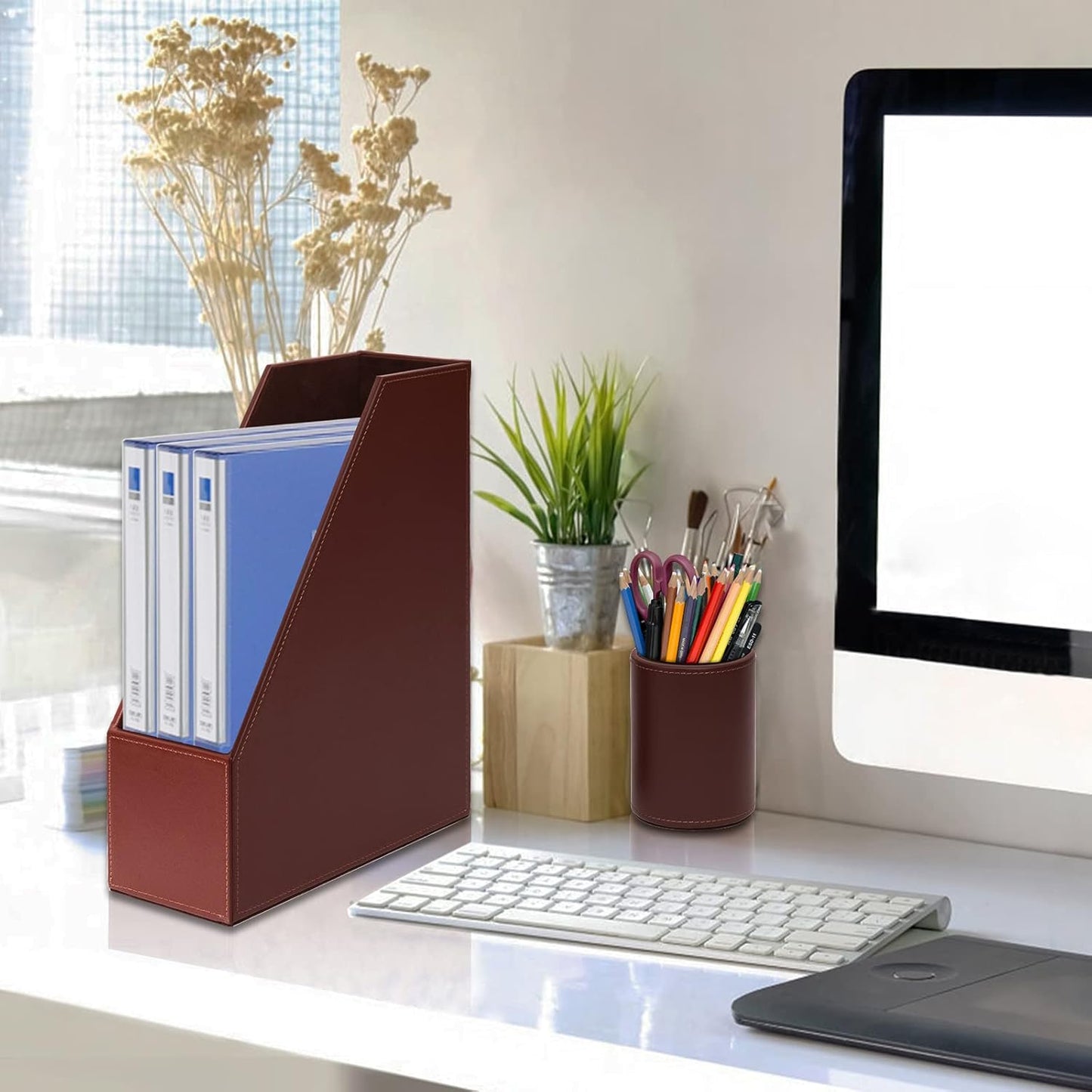 6 Piece Office Supplies/Desk Organizer Set with Desktop Leather Writing Pad,File Paper Tray,Magazine folder Holder, Pen Cup,Sticky Note Holder,Letter Mail Sorter,Workspace Decor for Women Men Brown