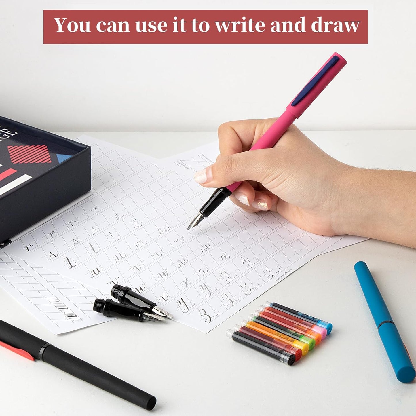 Calligraphy Pen Set,Fountain Pens with 7 Different Replaceable Nibs with 60 Ink Cartridges(12 Colors),Calligraphy Set for Beginner Writing Drawing