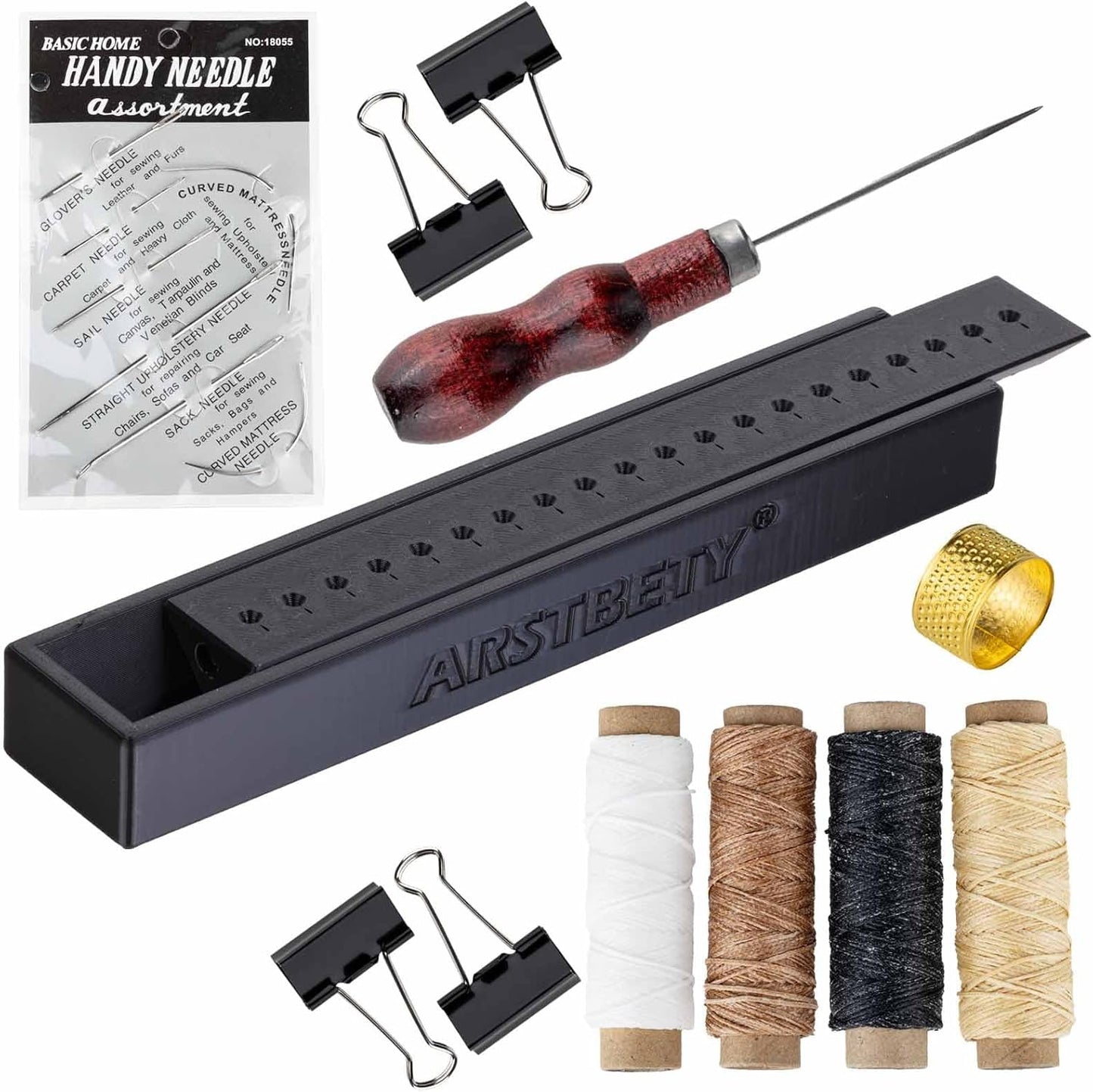 ARSTBETY Complete Bookbinding Kits for Beginners, Book Binding Starter Tool Supplies with Signature Punch Guide, Awl, 100ft Wax Thread, 7 Needles and Clips Thimble Ring