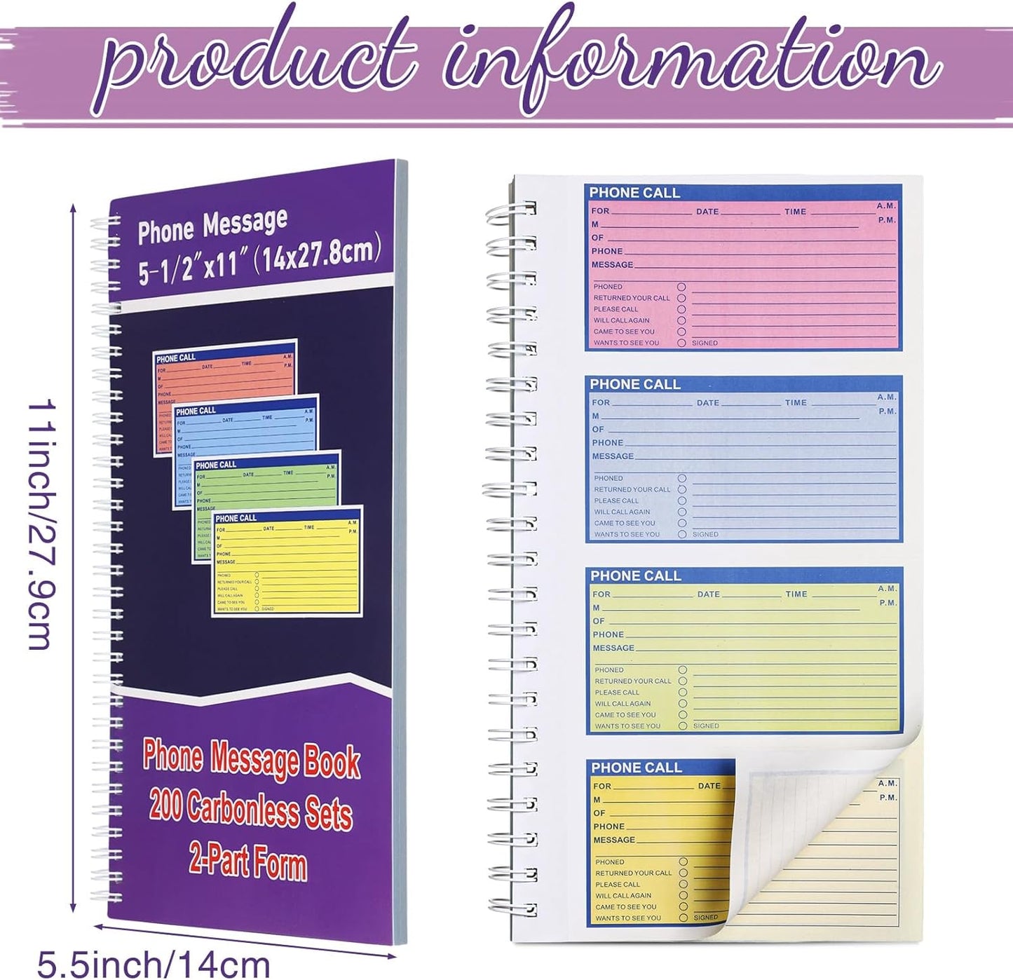 Sinmoe 10 Pcs Spiral Bound Phone Message Book with Carbon Copy 5-1/2" x 11" 2 Part Colorful Carbonless Telephone Message Pads Duplicate Spiral Phone Call Log Book for Business Office (Purple,Blue)