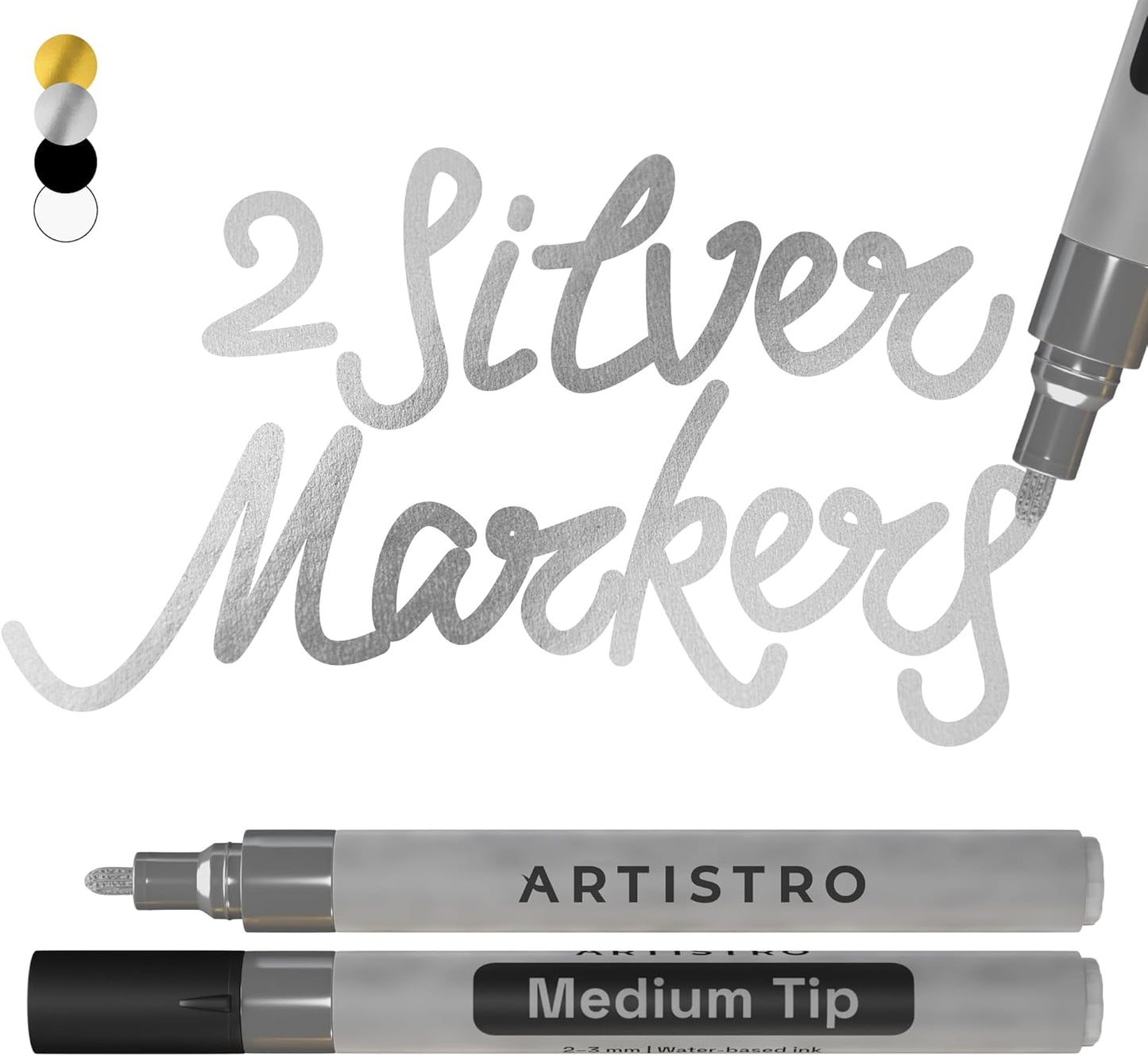 ARTISTRO 2 Silver Acrylic Paint Markers - 3mm Medium-Tip Paint Pens - Perfect for Crafting, Art Projects, & More
