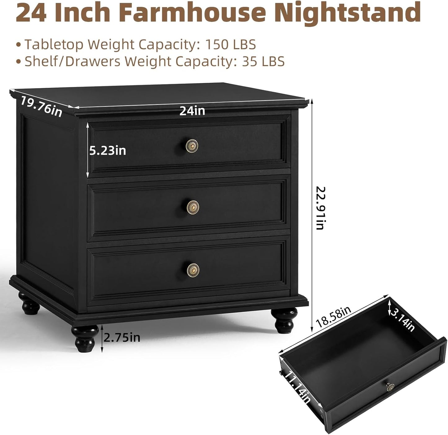 24" Wide Farmhouse Night Stand,Large End Table with 3 Drawers & Metal Handle,Black Wood Dresser for Bedroom Cabinet, Bed Side Tabl·e Chest of Drawers,Nightstand for Living Room,Close
