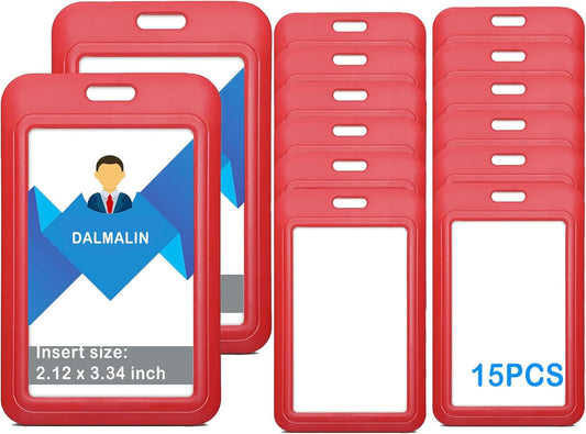 15 Pack Sliding ID Badge Holder Vertical Hard Plastic Card Case Protector Pouch,for Office School ID Credit Cards Proximity Work Badge Sleeve Key Cards Driver's Licenses (Red)