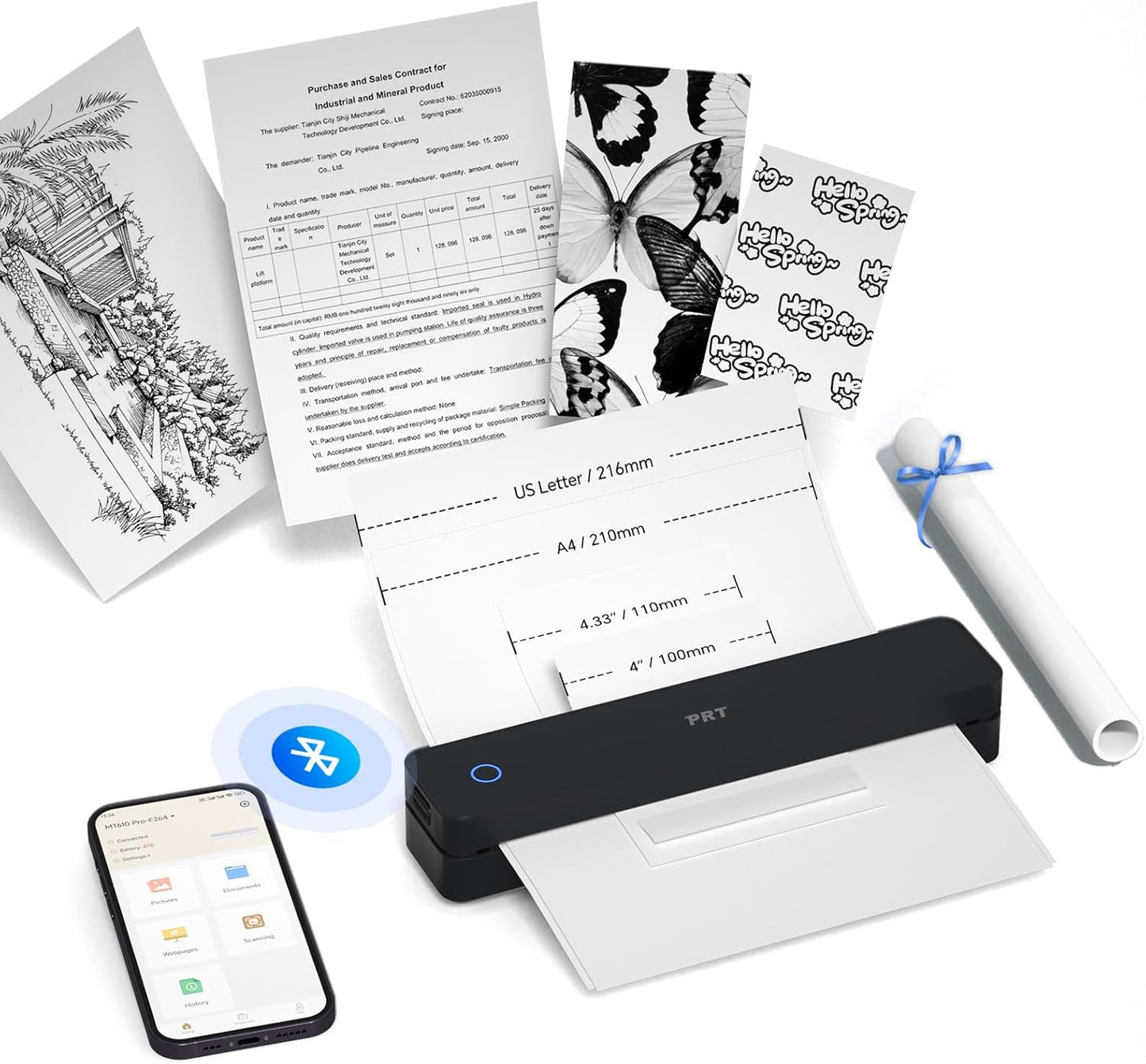 PRT Thermal Portable Printer Wireless for Travel, Inkless Bluetooth Support 8.5"x11" US Letter, A4, Compatible with iOS, Android, Laptop, Mobile Printer for Office, Vehicle, Home Use