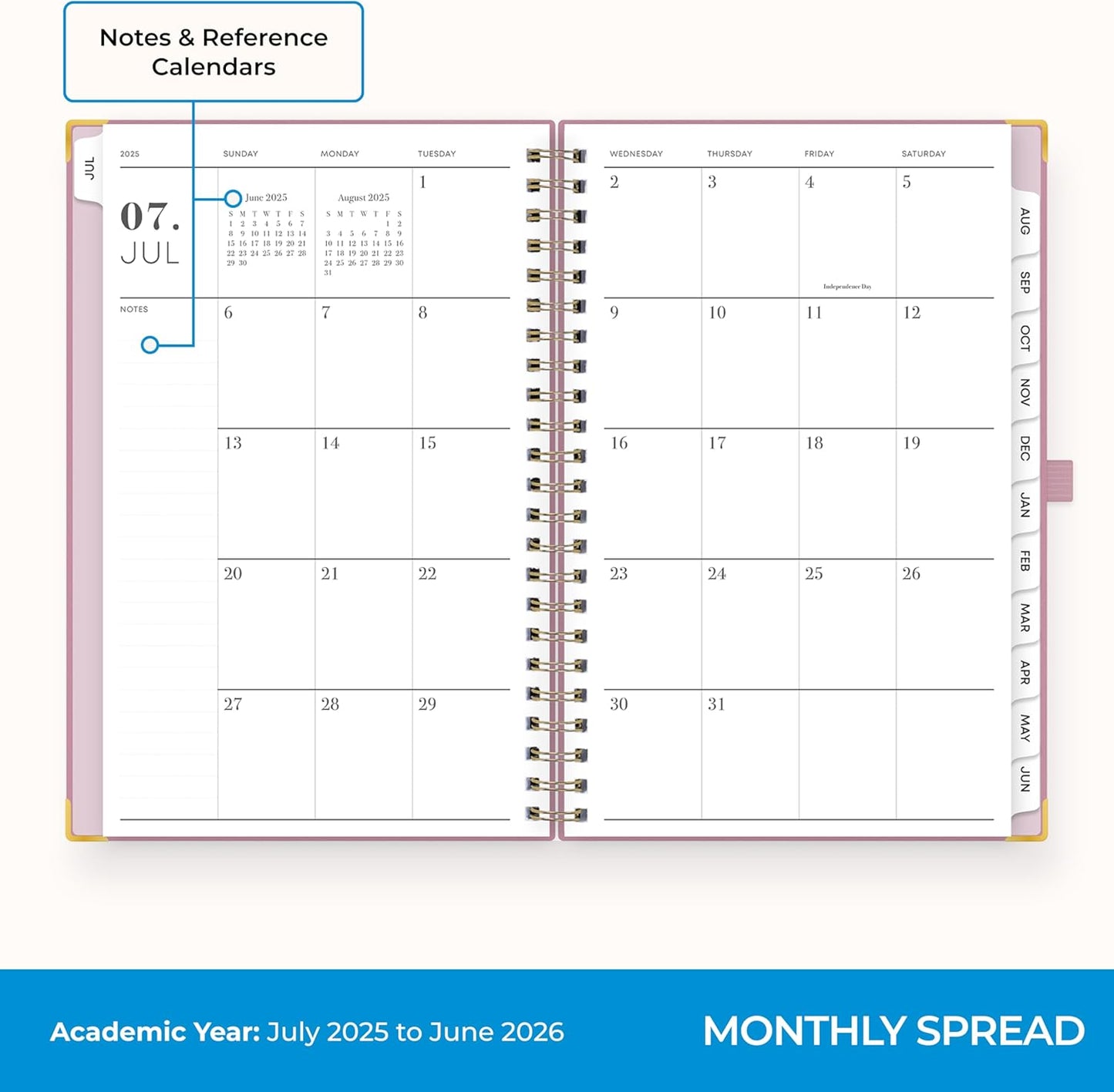 Blue Sky 2025-2026 Weekly and Monthly Academic Year Planner Calendar, July 2025 - June 2026, 5" x 8", Faux Leather Cover, Wirebound, Storage Pocket, Laminated Tabs, Imperial Rose