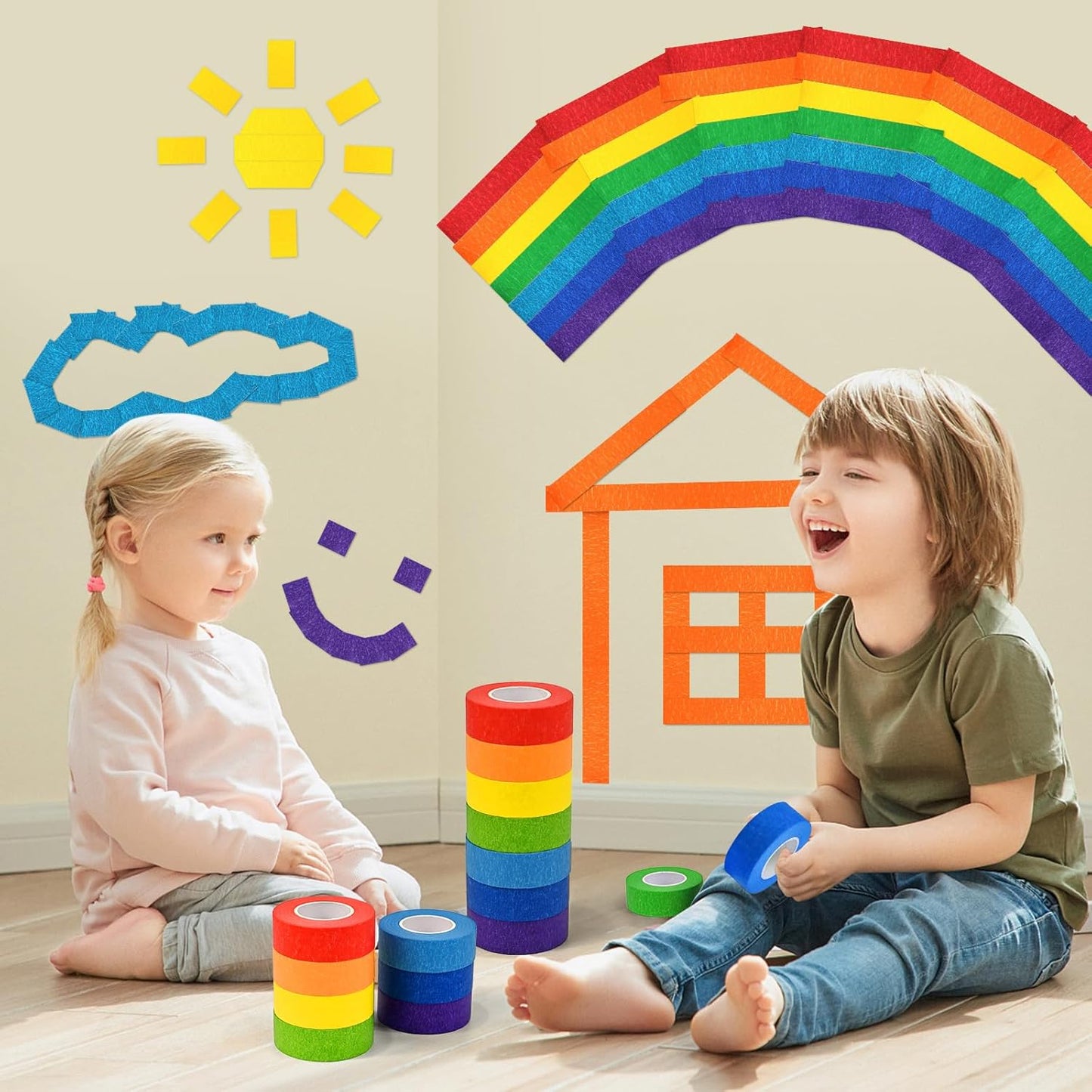 7 Rolls Colored Masking Tape, 1 Inch x 570 Feet (190 Yards) Paper Tape for Kids Rainbow Colorful Craft Tapes for Arts Painters Labeling DIY Decor Classroom Walls School Supplies