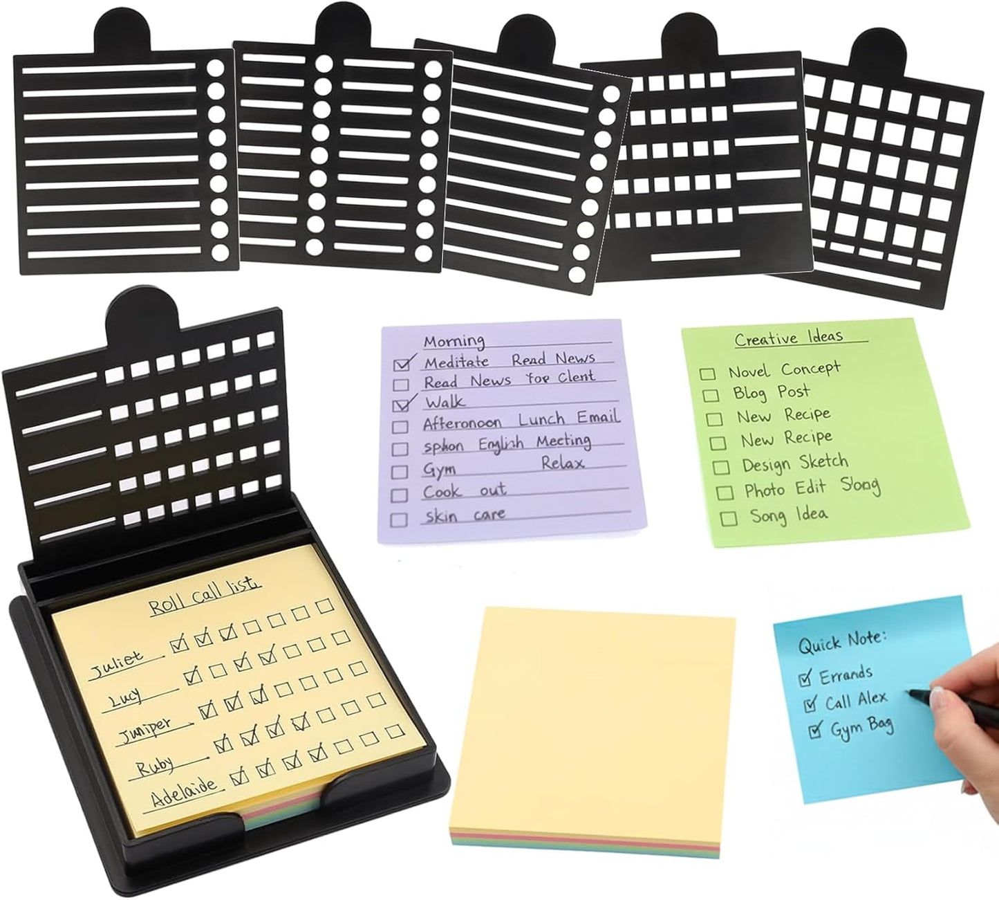 1PCS Sticky Note Holder with 5 Style Template & 1 Sticky Notes, 3.54X3.94 Sticky Note Stencil Dispenser for Post Note, Memo Pad Organizer with Five Line Box for Office and Home (Black)