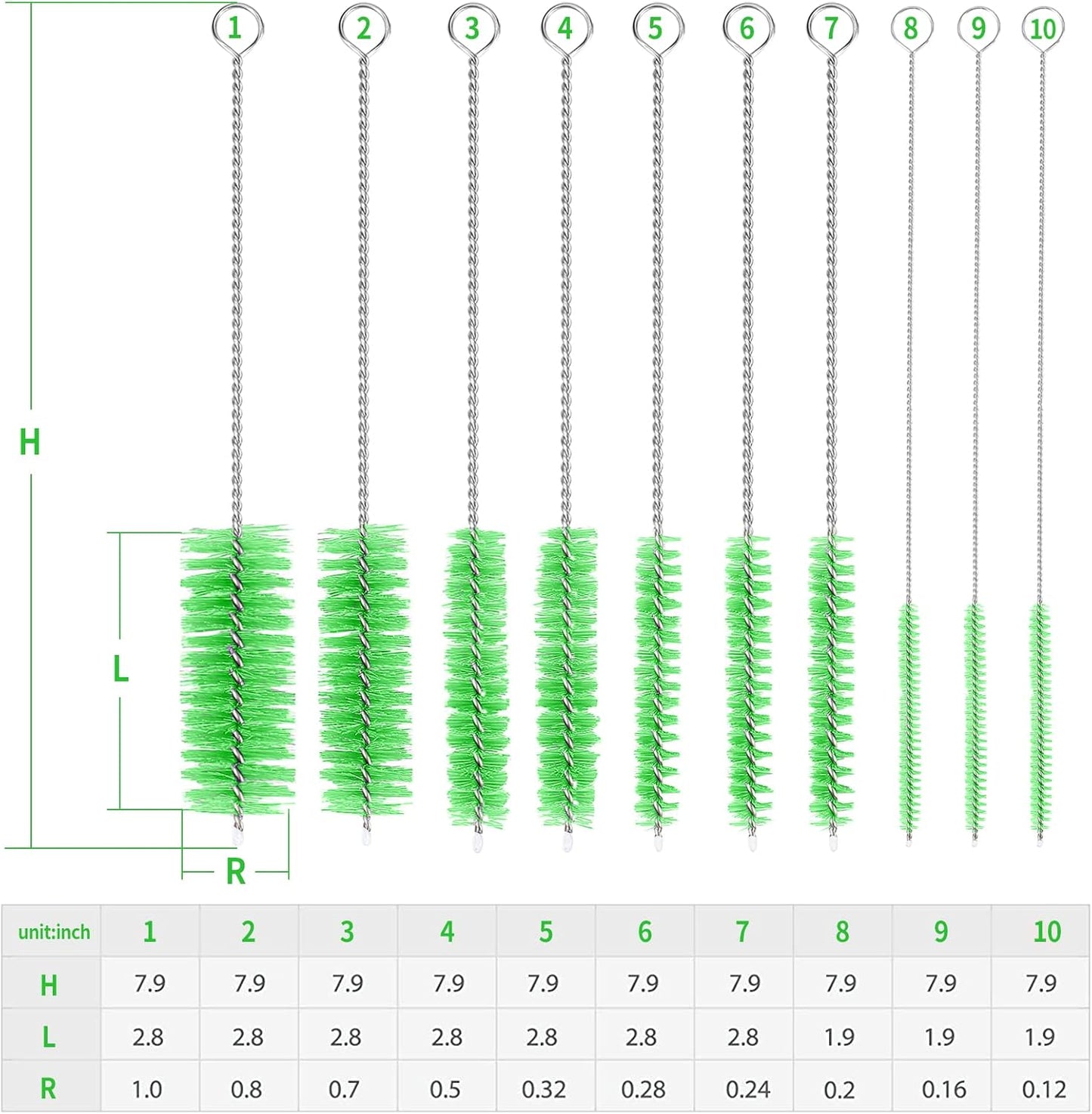 CiaraQ Bottle Cleaning Brushes, 8 Inch Nylon Tube Brush Set, Cleaner for Narrow Neck Bottles Cups with Hook, Set of 10pcs. Green