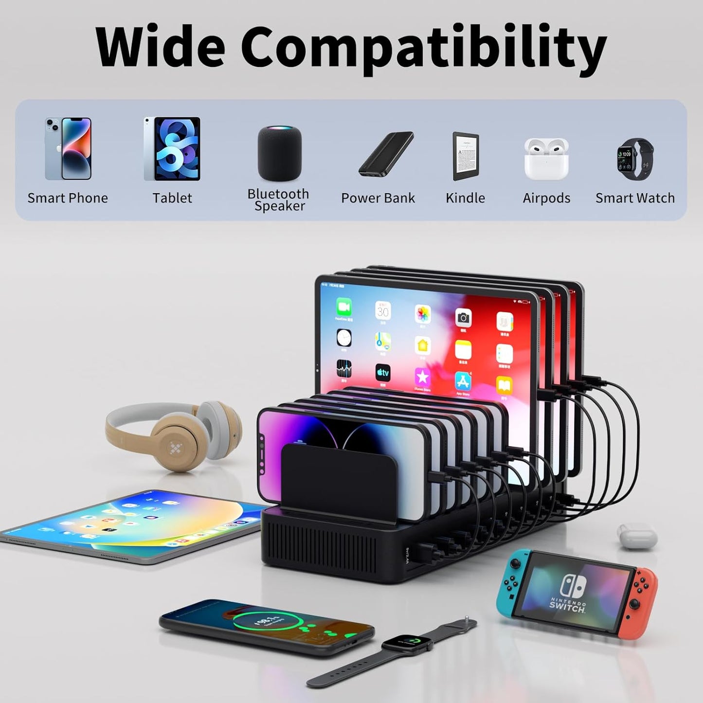 60W Charging Station for Multiple Devices, 10-Port USB Fast Charging Station with Adjustable Dividers - Device Organizer Charging Dock for iPhone, Android, iPad, Tablets & More