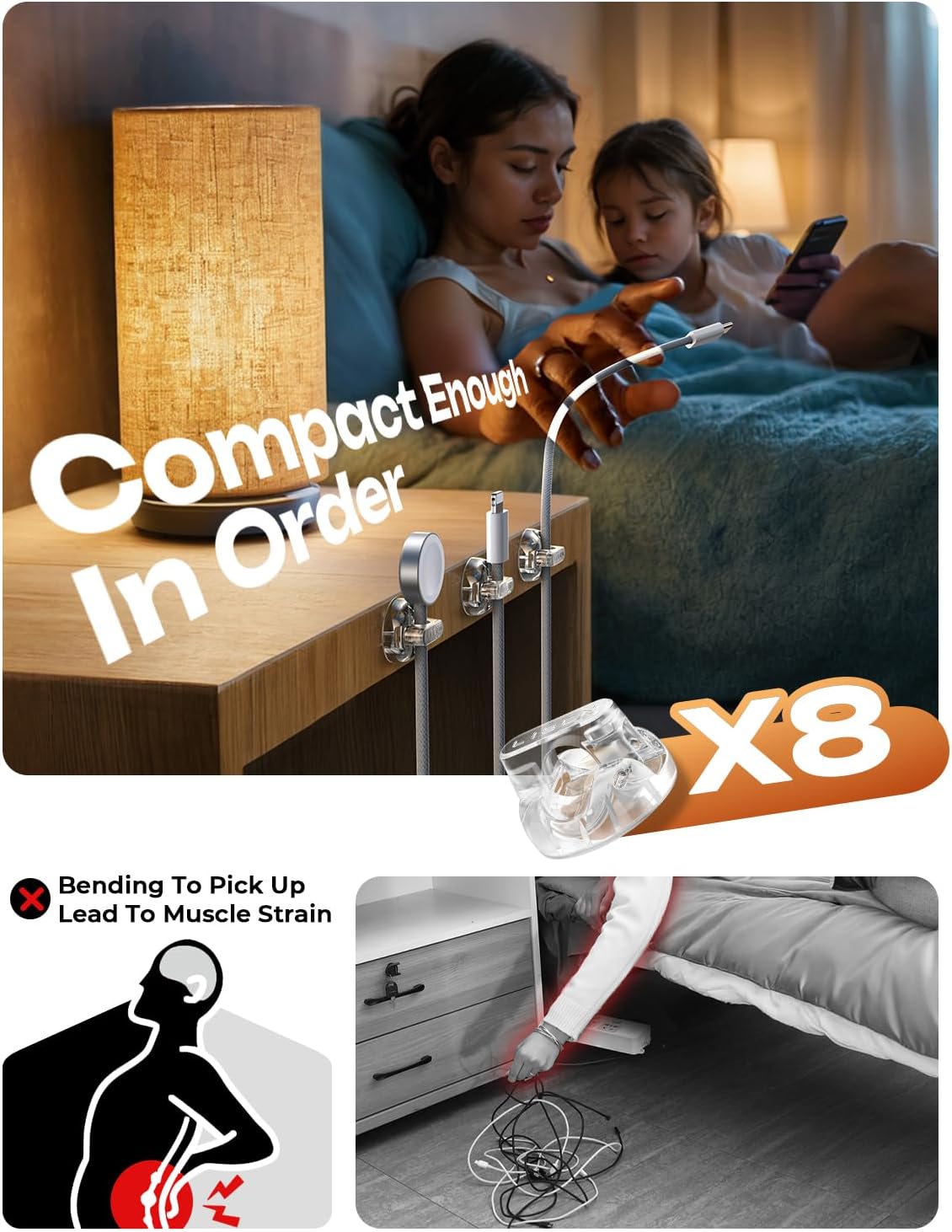 8-Pack Magnetic Cable Clips [1S Snap-On] Cord Holder, LISEN Desk Organizers and Accessories with 4 Extra Strong Adhesive Pads, Wire Organizer for Nightstand, Home, Wall, Car, Desktop,Transparent