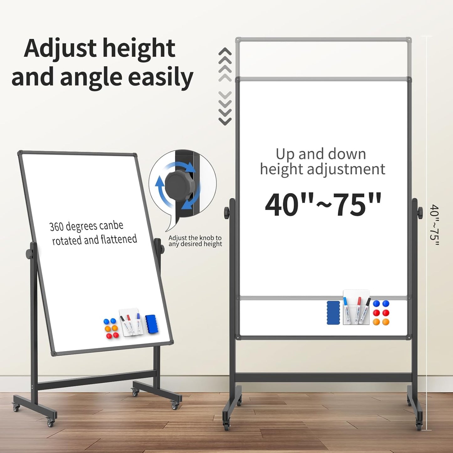 Rolling Whiteboard 40x28 Inches - Adjustable Height Standing Easel Whiteboard on Wheels for Home, Office, Classroom Black