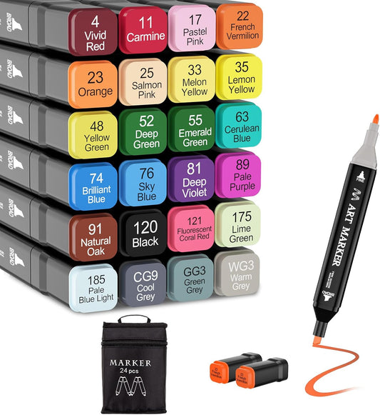 Banral Alcohol Markers, 24 Colors Dual Tip Alcohol Based Art Marker Set for Artists Adults, Permanent Drawing Pens for Adult Coloring Sketching Illustration