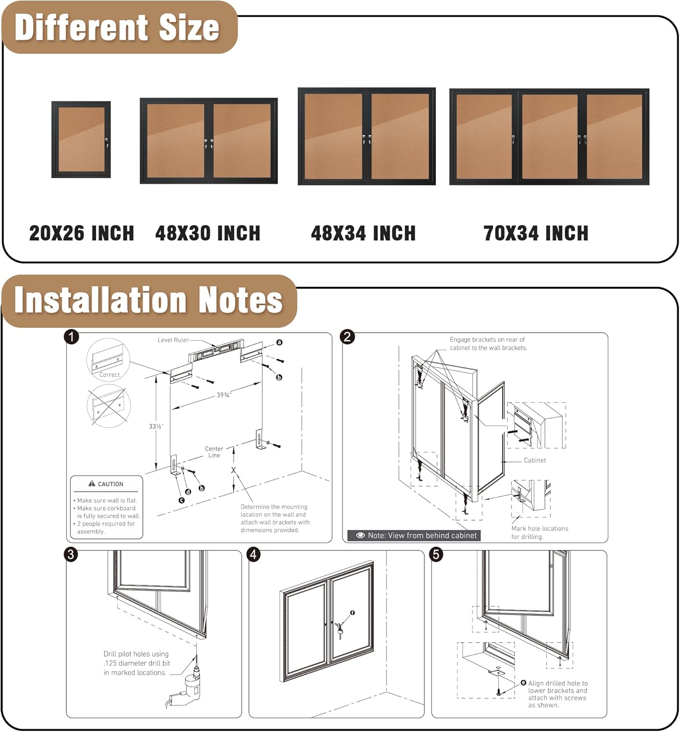 48"x30" Enclosed Bulletin Board, Outdoor Lockable Weather-Resistant Aluminum Cork Noticeboard for School & Office,Black Frame w/Cork