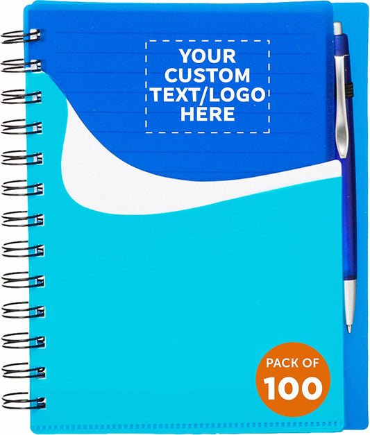 DISCOUNT PROMOS Custom Spiral Notebooks with Front Pocket Set of 100, Personalized Bulk Pack - Durable Plastic Cover, Includes Matching Pen in Blank Ink, Perfect for School, Office, Home - Blue