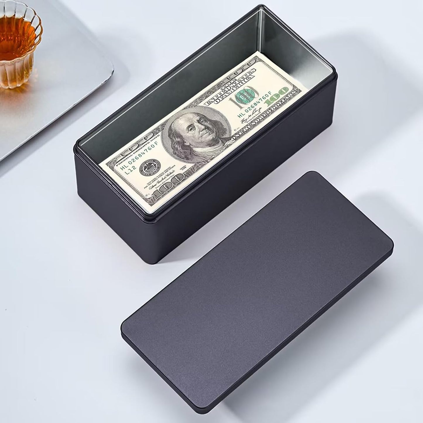 Black Metal Cash Box Money Holder Money Box for Cash Single Row Currency Tray Money Storage Box with Lid Cash Organizer Money Saving Organizer Money Gift Box Organizer, 7.28 x 3.35 x 2.76 inch
