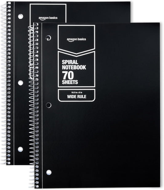 Amazon Basics Wide Ruled Spiral Notebook, 70 Sheets, 8" x 10-1/2", Black, 2 pack