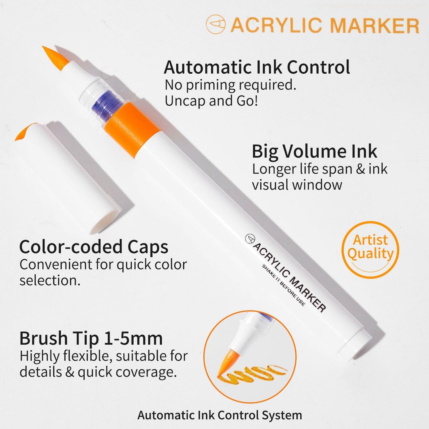 9 Color Acrylic Paint Markers, Water-Based Acrylic Markers for Artists Adults Coloring Drawing Cartoon Anime Comic - Brush Tip for Rock Painting, Wood, Canvas, Fabric, DIY Crafts Making (8 Metal)