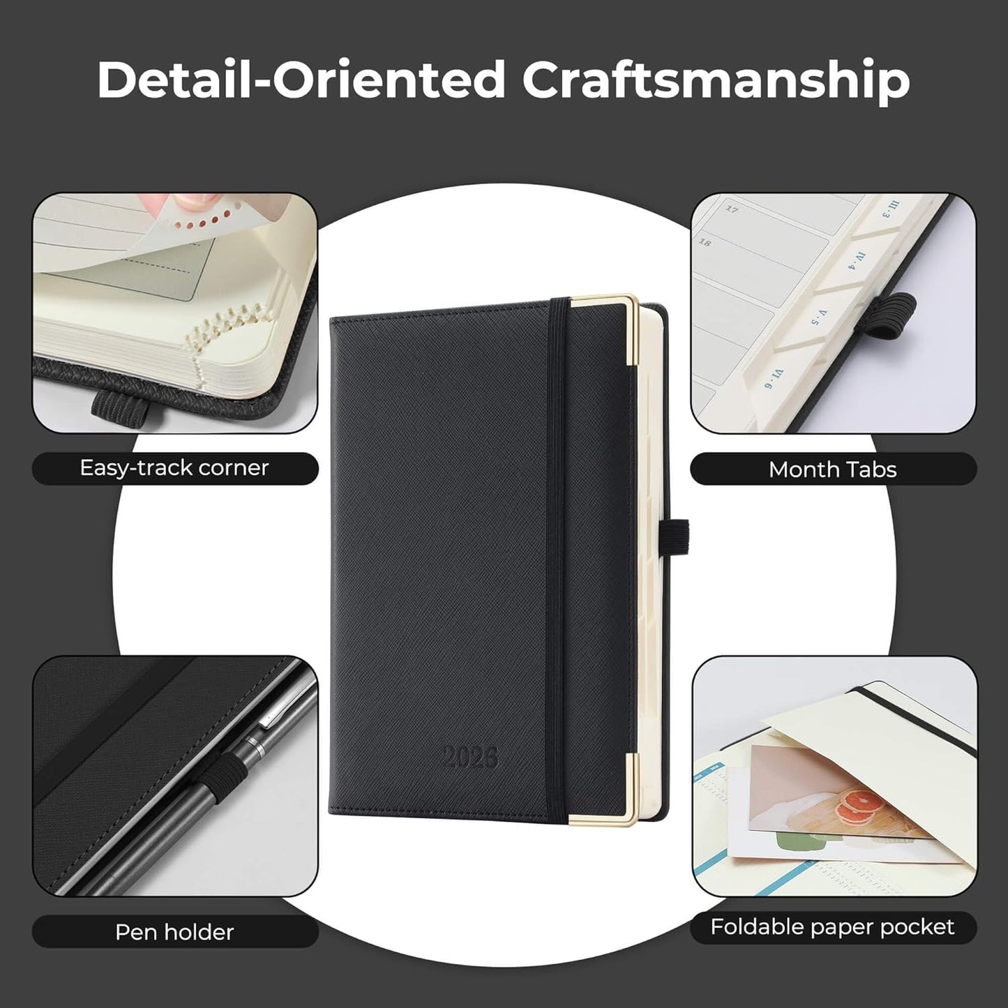 Daily Planner 2026 with One Page Per Day,(A5-8.5" x 5.9"),12 Months Calendar Hourly Appointment Book Monthly Tabs & Self-adhesive Pen Holder,Inner Pocket, Vegan Leather Hardback,Black