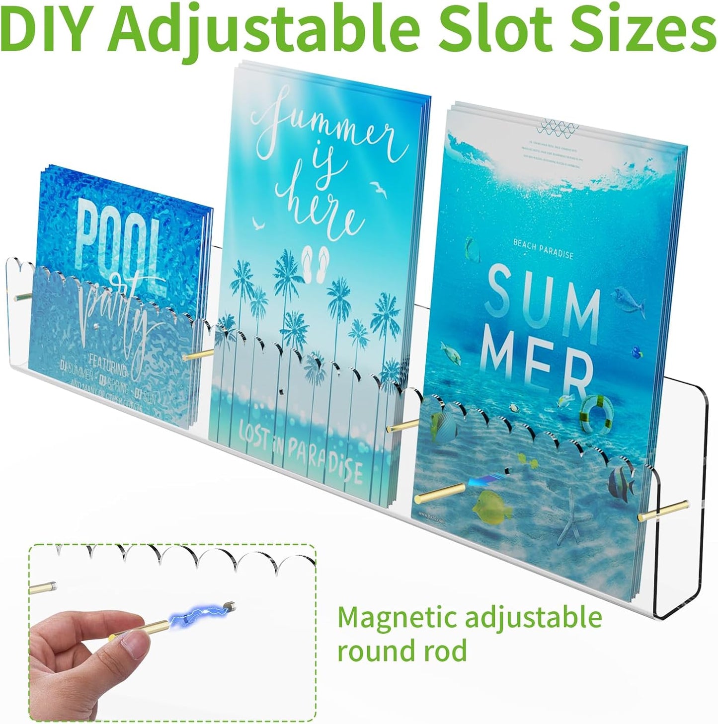 Brochure Holder Wall Mount, 2 Pack Acrylic Modular Flyer with Adjustable Magnetic Golden Bolt, Wavy Lace Pamphlet Display Stand for Organizer Trifold Flyer, Document, Leaflet, 6 Slots