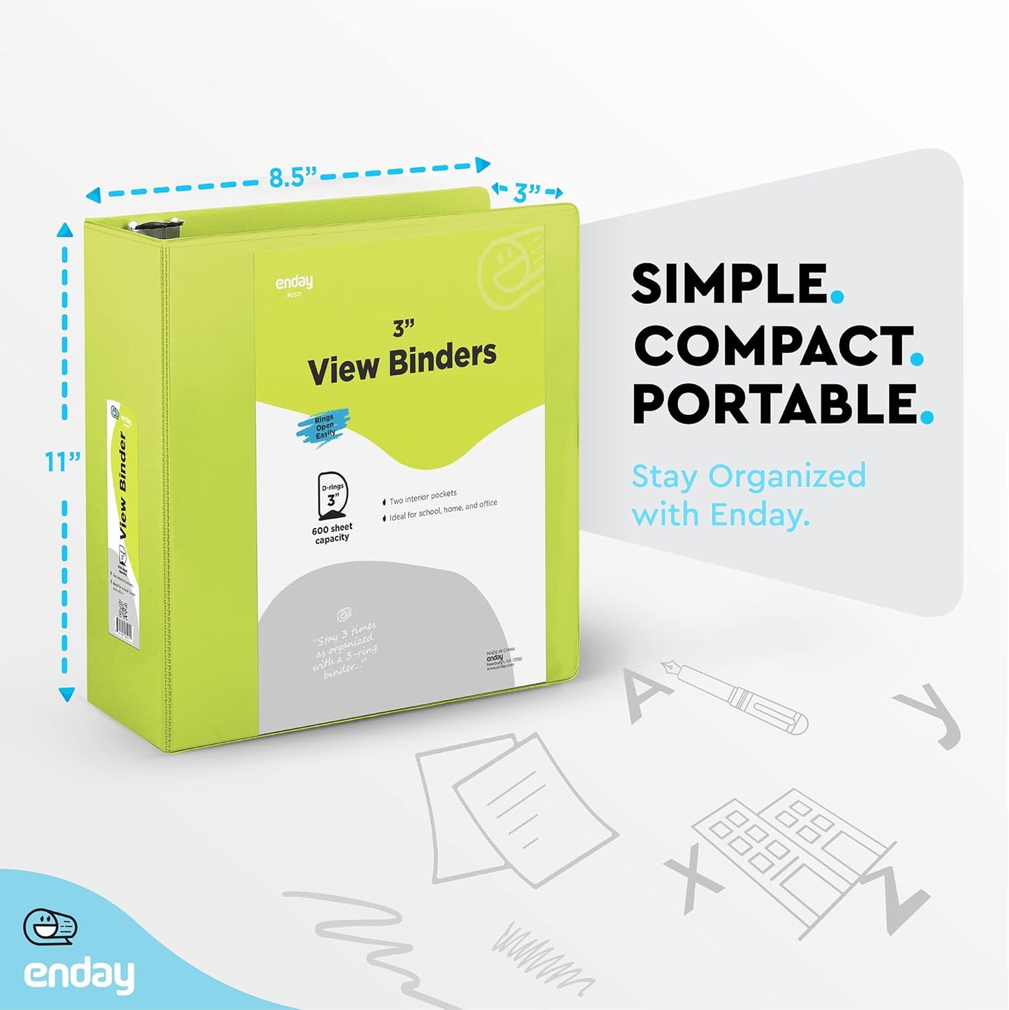 3 Slant D-Ring Binder 3 Inch Green, 3 in Clear View Cover with 2 Inside Pockets Binder, Heavy Duty Colored School Supplies Binders,Also Available in Red, Grey, Purple, Blue, Pink (24 PC) – by Enday