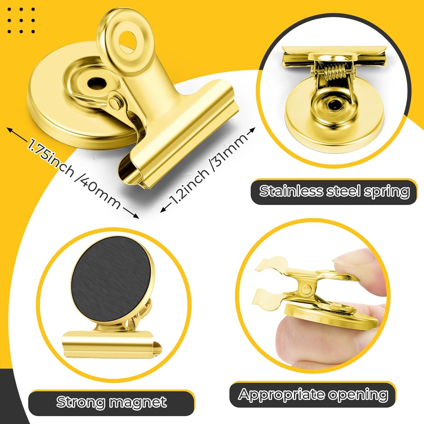 20 Pack Fridge Magnet Refrigerator Magnets, Gold Magnetic Clips Whiteboard Magnets, Magnet Clips Heavy Duty for Photo Displays, Home, Office, Classroom