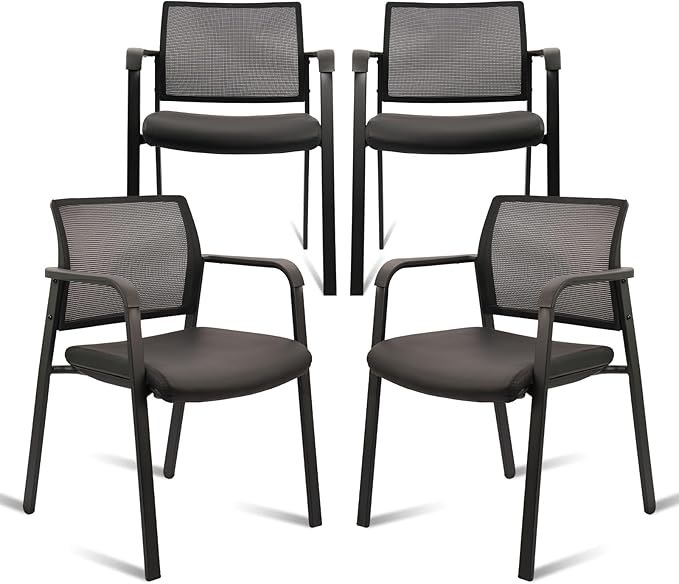 CLATINA Stackable Office Chair, Mesh Back Guest Chairs with Comfortable Leather Seat Arms Stacking Ergonomic Desk Chair No Wheels for Conference Waiting Reception School Stationary, Black, Set of 4