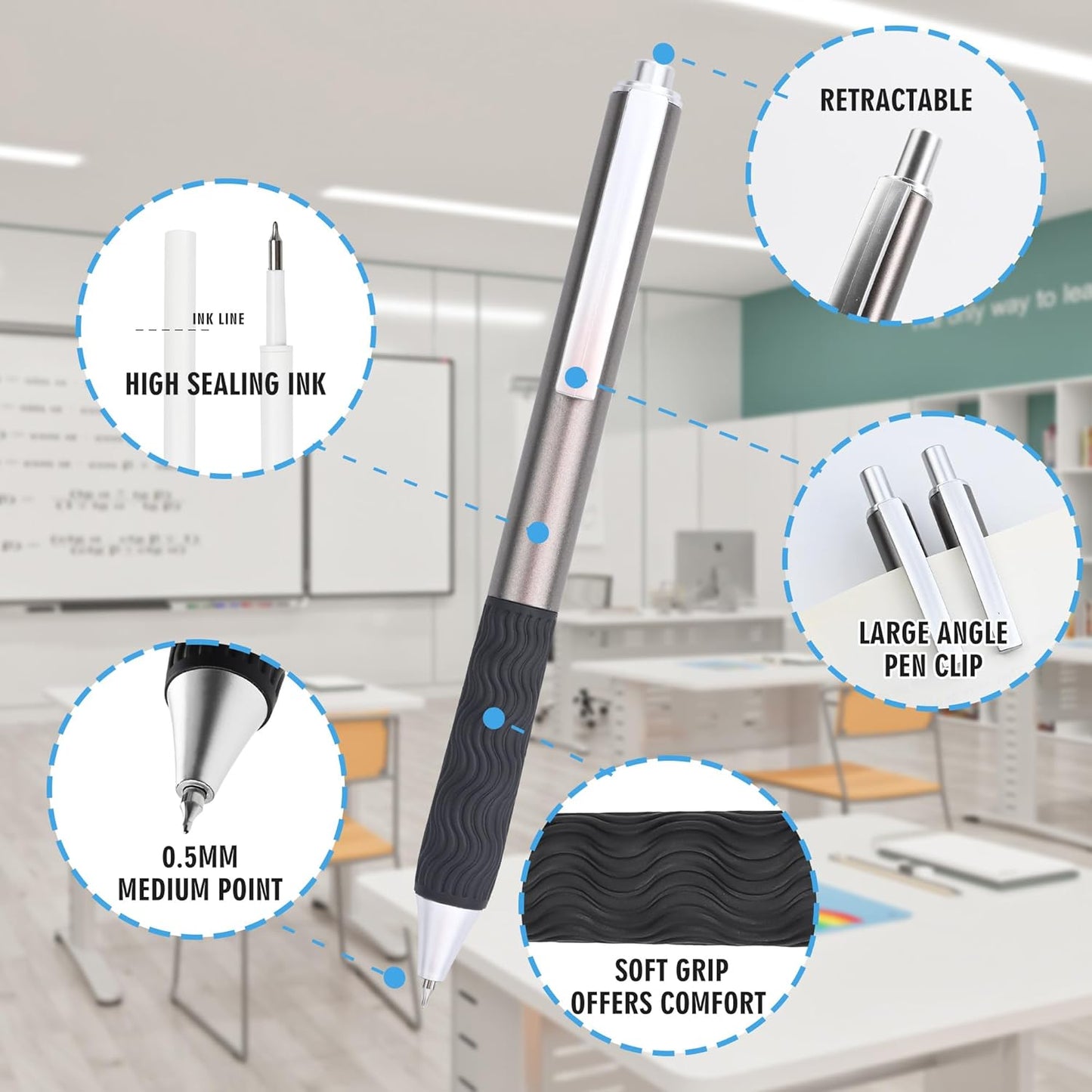 Black Gel Pens, 50Pack Bulk Black Gel Pens, 0.5mm Fine Tip, Black Ink, Smudge-Free, Retractable Ballpoint Pen, Ideal for School, Office, Nurse Documentation (Brown Barrel)