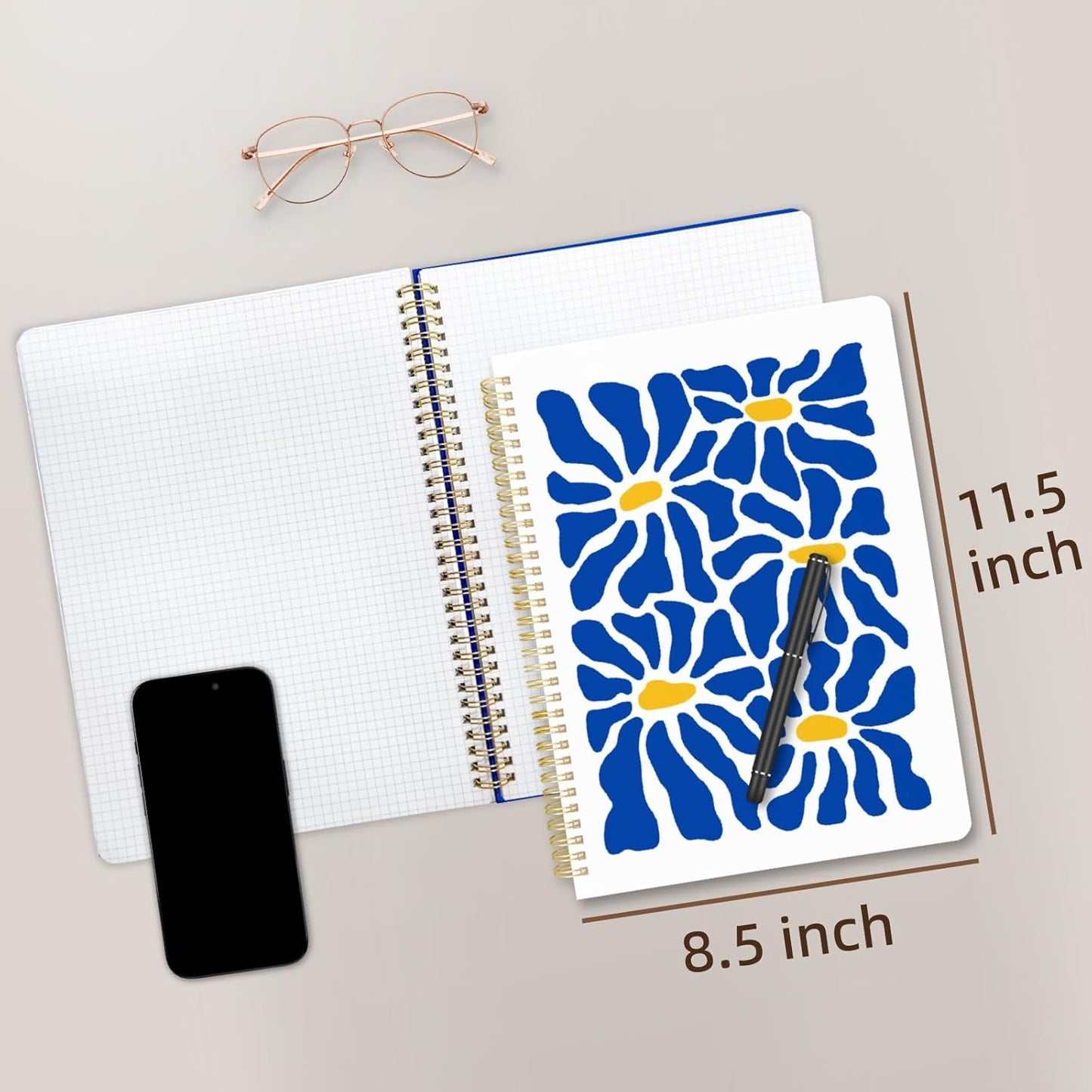 Cute Spiral Notebook journal A4 Aesthetic Pretty Design for Women Girls Kawaii with Pocket, 8.5 x 11 inch, Graph, Blue Flower