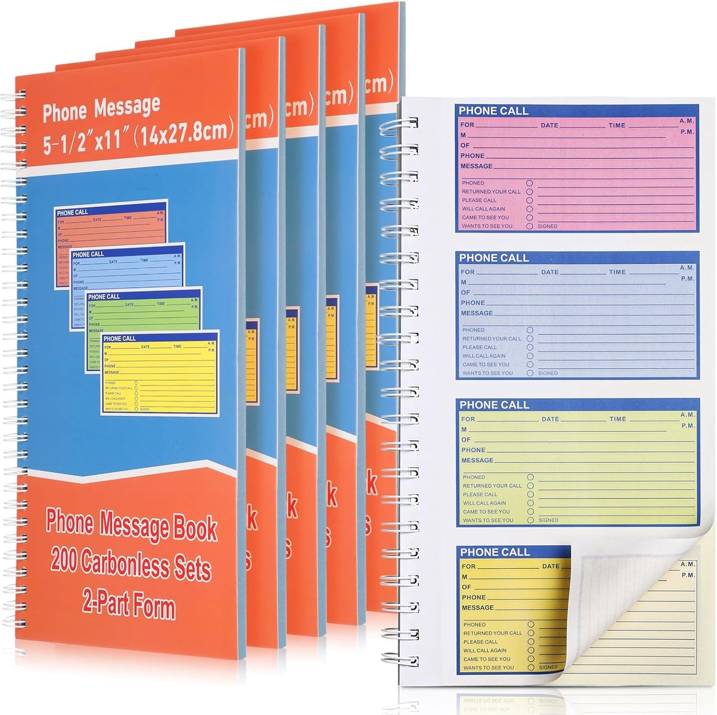 5 Pcs Spiral Bound Phone Message Book 5-1/2" x 11" 2 Part Colorful Carbonless Phone Message Pads 4 Messages Per Page Carbon Copy Notebook Spiral Phone Call Log Book for Business Office