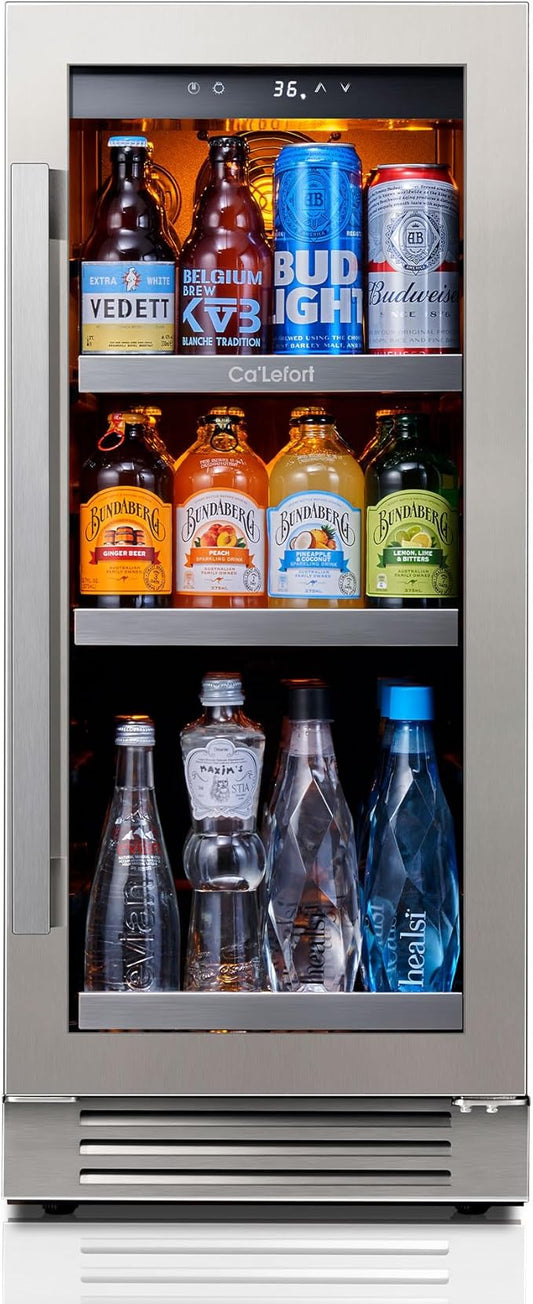 Ca'Lefort 15 Inch Beverage Refrigerator - 80 Can Small Beverage Fridge, Drink Fridge Glass Door 3 LED 34°F -54°F Beverage Cooler Built-in or Freestanding, Perfect for Home/Kitchen(3.0 cu.ft)
