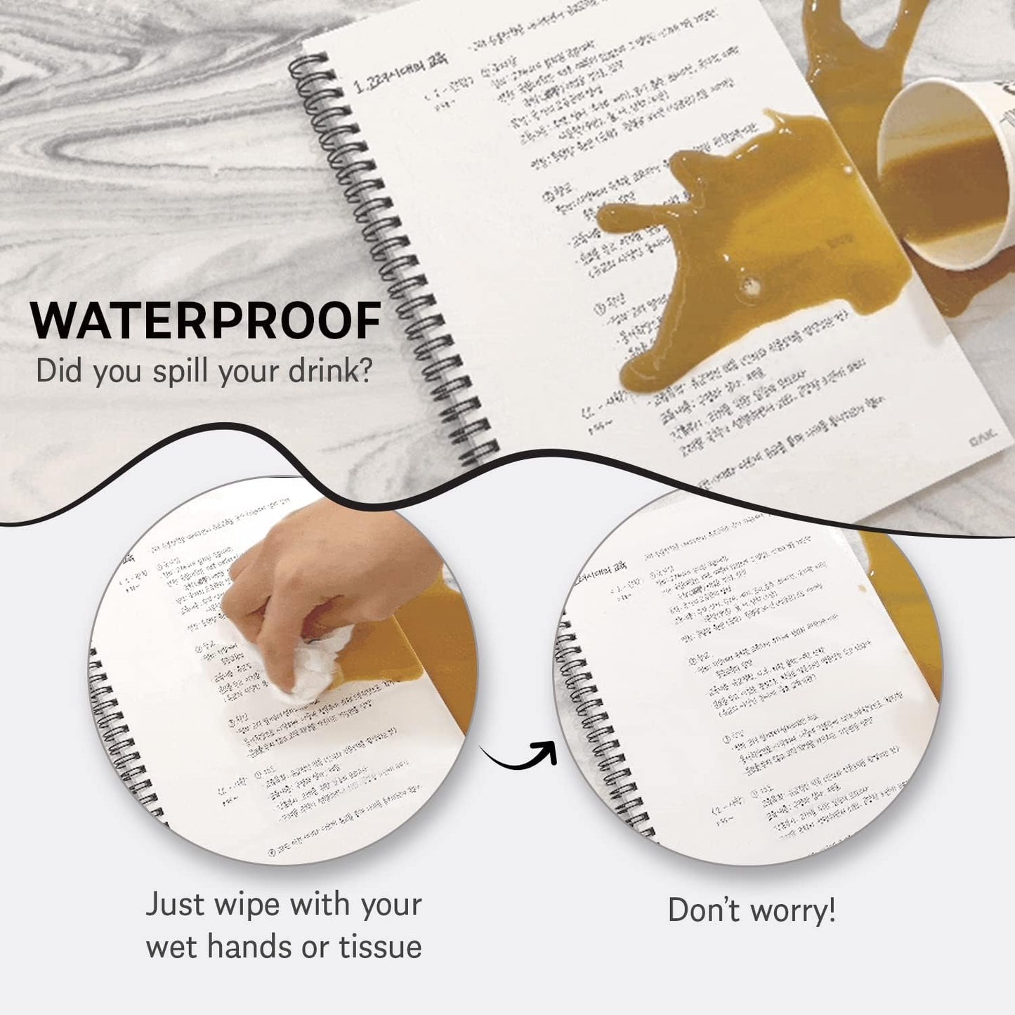 GAK. Stone Paper Notebook | No Lines Spiral Notebook Waterproof Sheet Aesthetic Journal for Note Taking | Notebooks for Work & Aesthetic School Supplies | Large Size, White (7.2”x10.1”, 50 sheets)