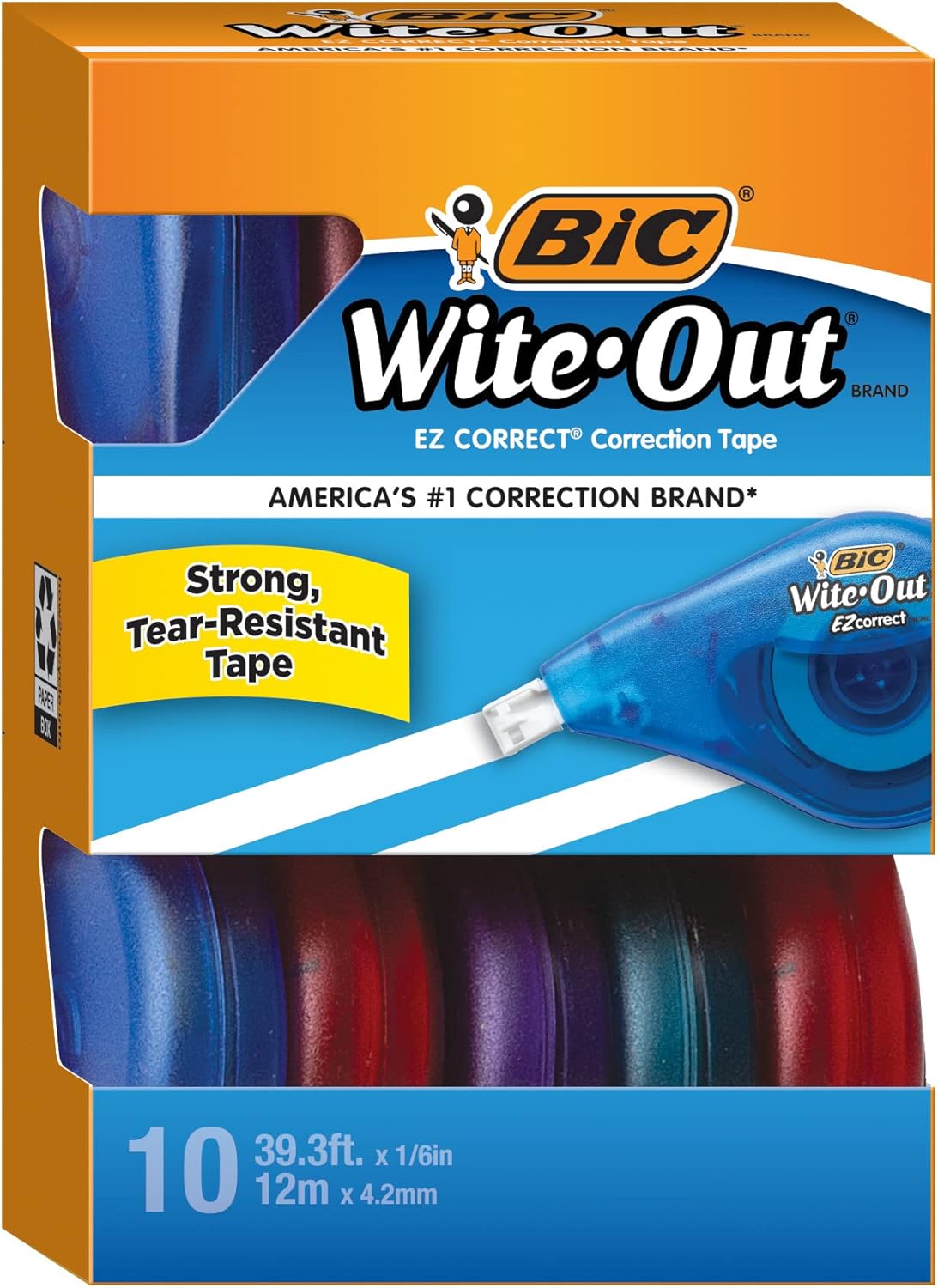 BIC Wite-Out Brand EZ Correct Correction Tape, 39.3 Feet, 10-Count Pack of white Correction Tape, Fast, Clean and Easy to Use Tear-Resistant Tape Office or School Supplies
