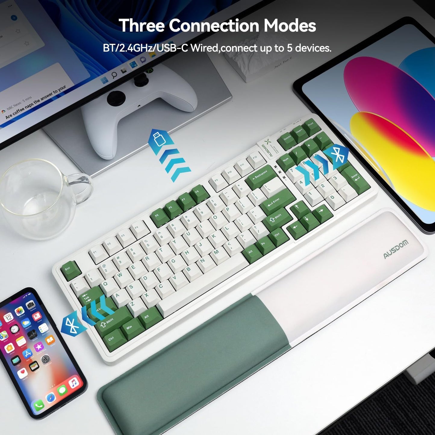 AUSDOM 98Pro Wireless Mechanical Keyboard, Tri-Mode BT/2.4GHz/USB-C Hot Swappable Custom Gaming Keyboard with Backlit, Gasket Structure, Linear Switches for Windows/Mac/PC (Green&White 97keys)