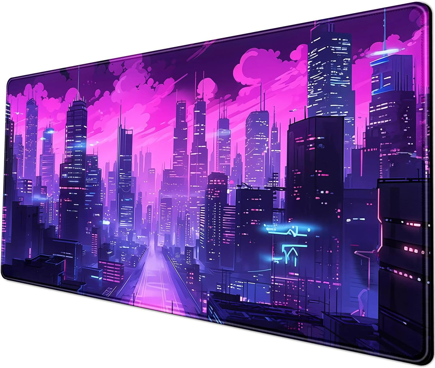 Desk Pad Cyberpunk Purple Desk Mat City Skyline Gaming Extended Mouse Pad Big Office Keyboard Pc Laptop for Women Large Mousepad with Stitched Eges Non-Slip Base Mouse Keyboard Mat 31.5x11.8 in