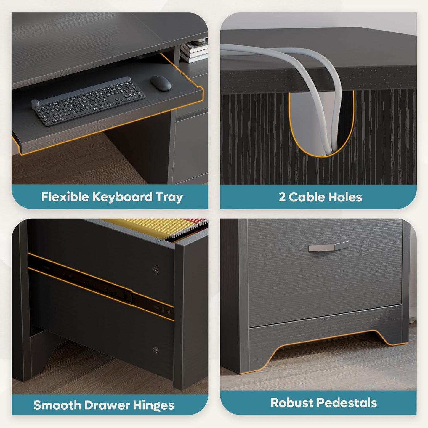 Bestier 59” Computer Desk with 4 Drawers, Office Desk with Storage, Modern Executive Desk with Charging Station, Keyboard Tray & Wooden Pedestals on Both Sides for Home Office & Studio, Black