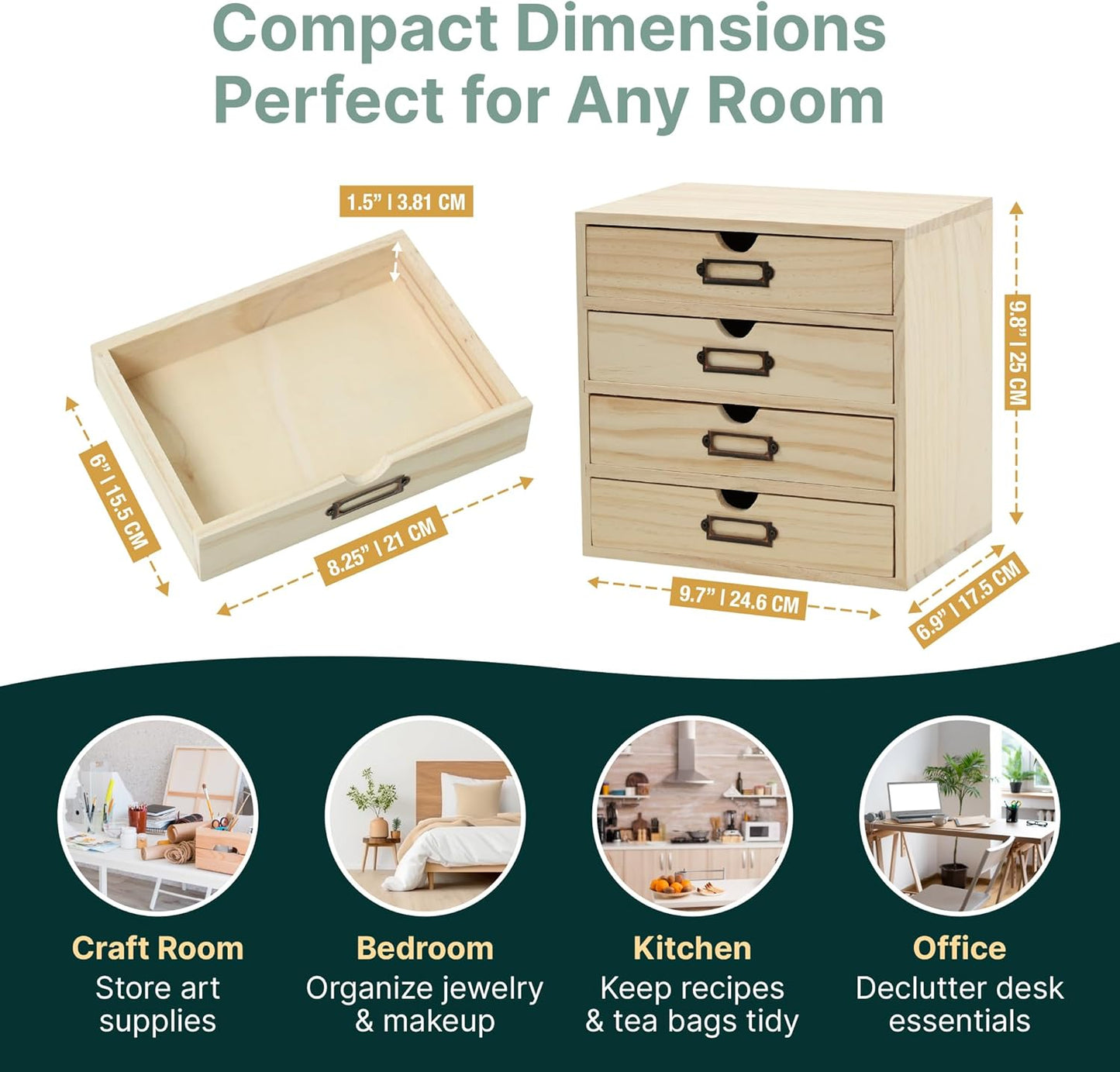 DIY Wooden Desk Organizer with Drawers – Unfinished 4-Drawer Desktop Storage Box – Personalizable Wood Desk Organizer for Crafts, Office, or Home – Compact Wooden Storage Drawers Ready to Decorate