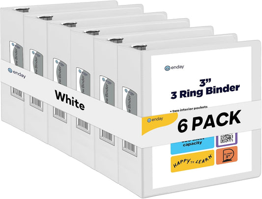 3 Inch Binder 3 Ring Binders White, Slant D-Ring 3” Clear View Cover with 2 Inside Pockets, Heavy Duty Colored School Supplies Office and Home Binders, 6 Pack – by Enday