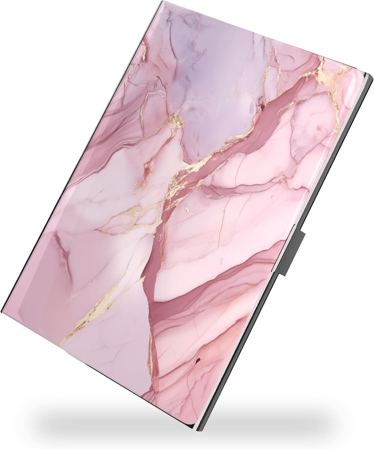 Business Card Metal Slim Organizer, Professional Stainless Steel Square Pocket Wallet for Office Workers, Compact and Portable for Pockets (Pink Marble